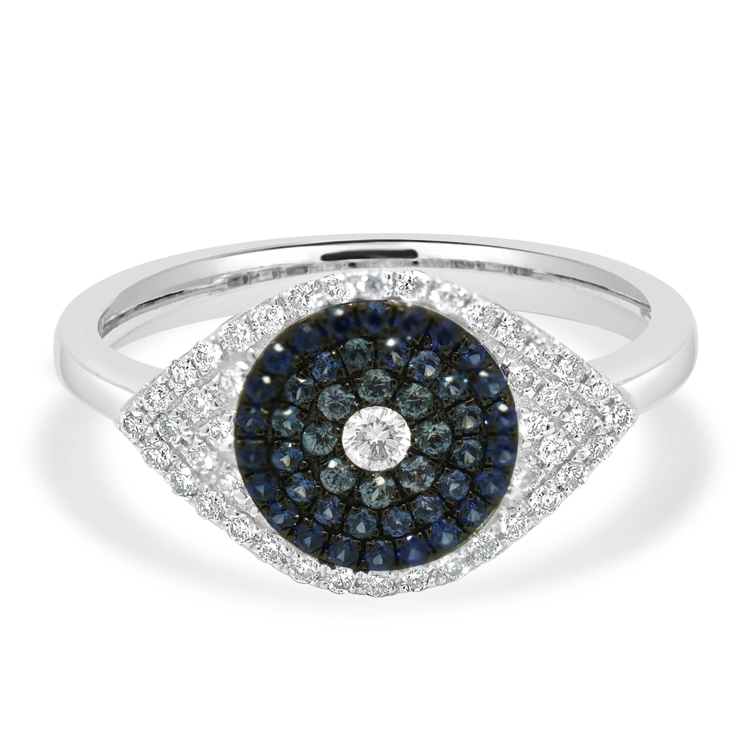 14 Karat White Gold Pave Blue Sapphire and Diamond Evil Eye Ring