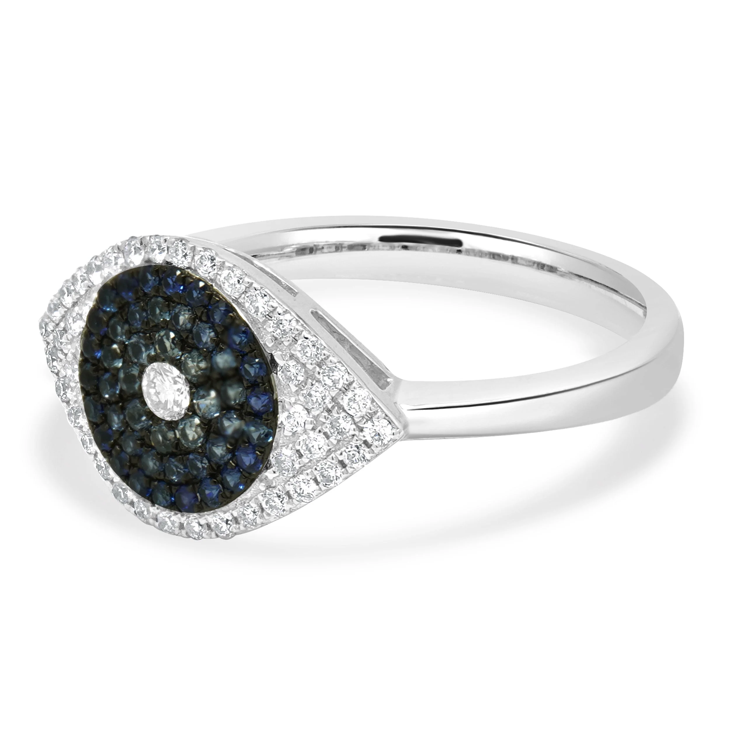 14 Karat White Gold Pave Blue Sapphire and Diamond Evil Eye Ring - Image 2