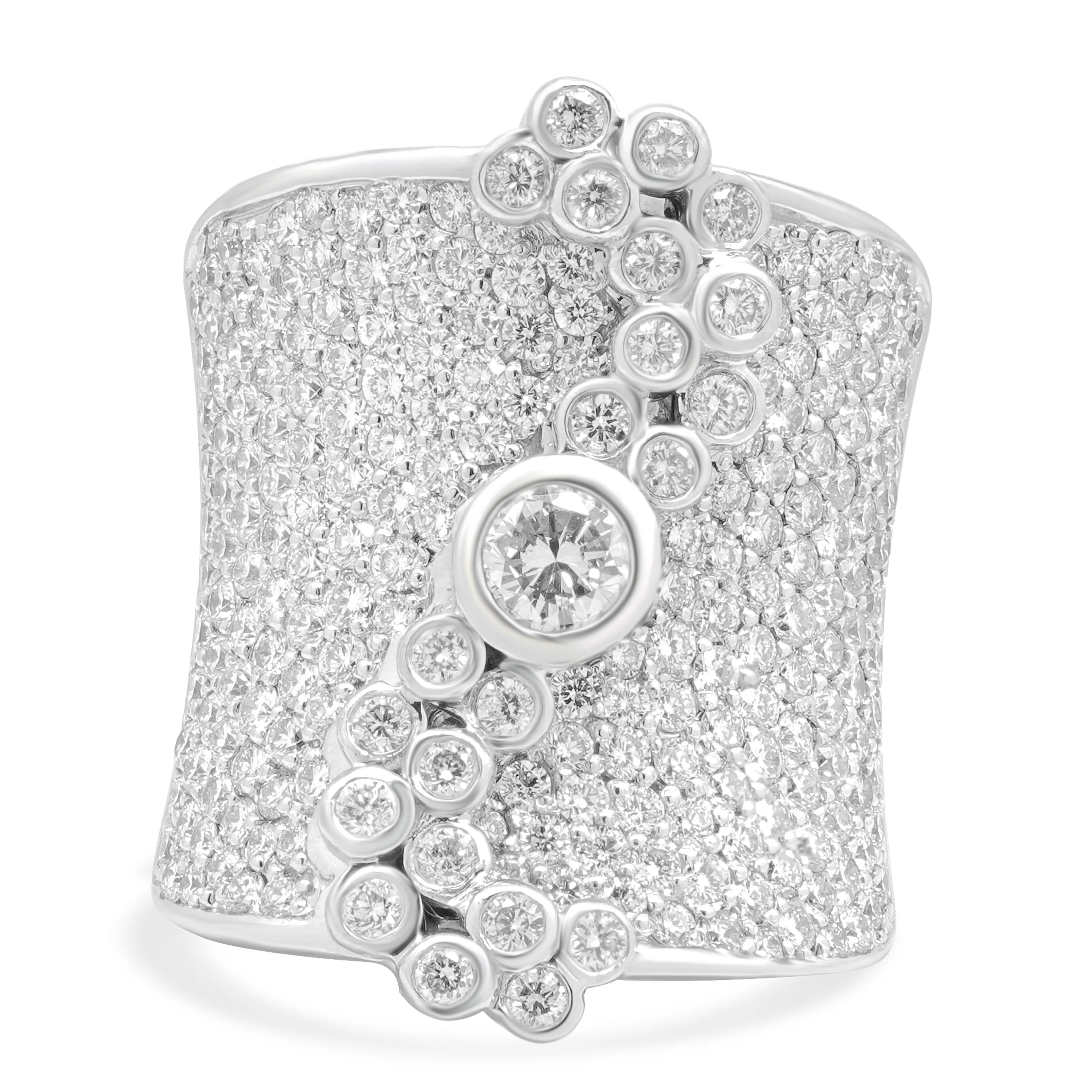 14 Karat White Gold Pave Diamond Concave Cigar Band with Cascading Bezel Set Diamonds