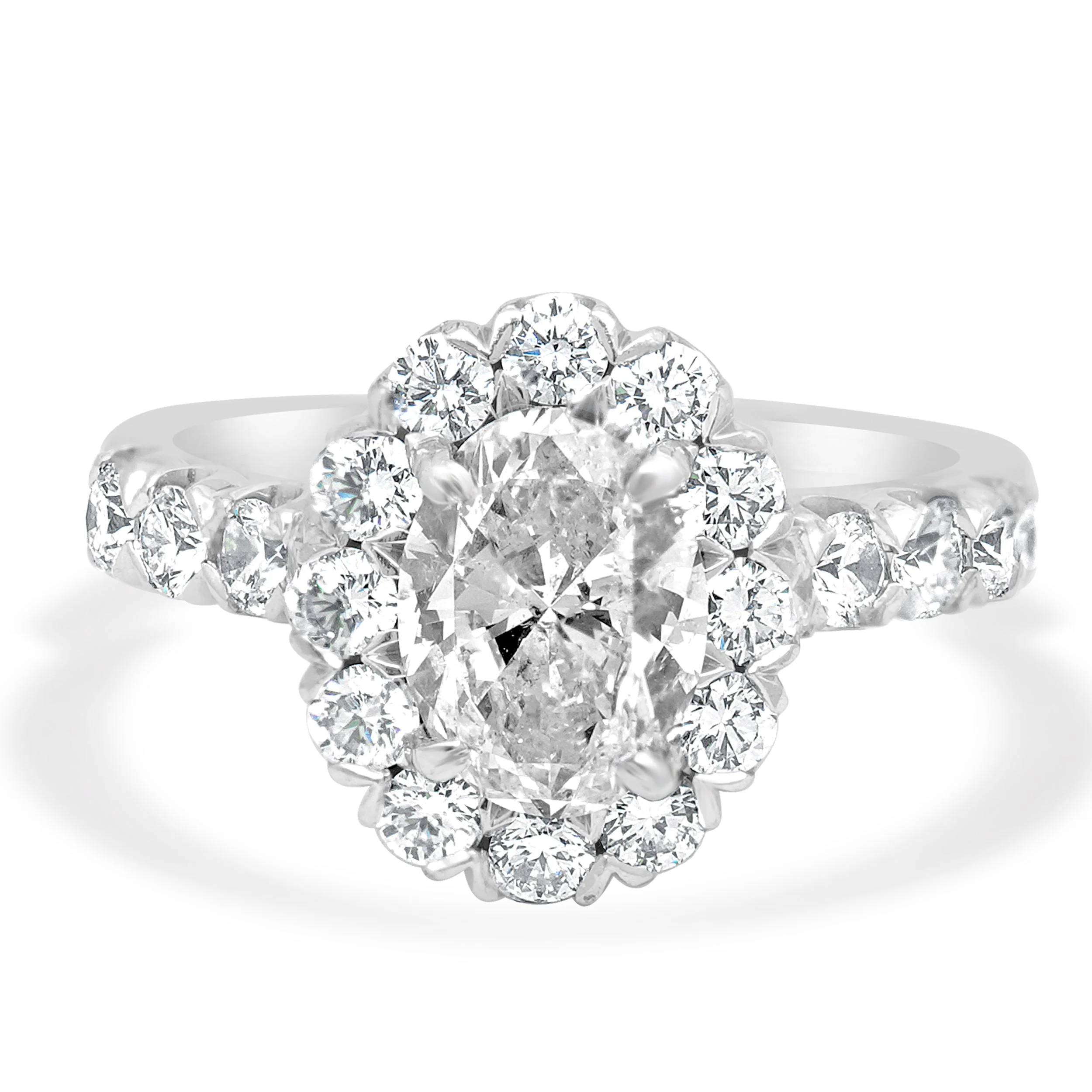 14 Karat White Gold Prong Set GIA Certified Oval Brilliant and Round Cut Diamond Halo Engagement Ring