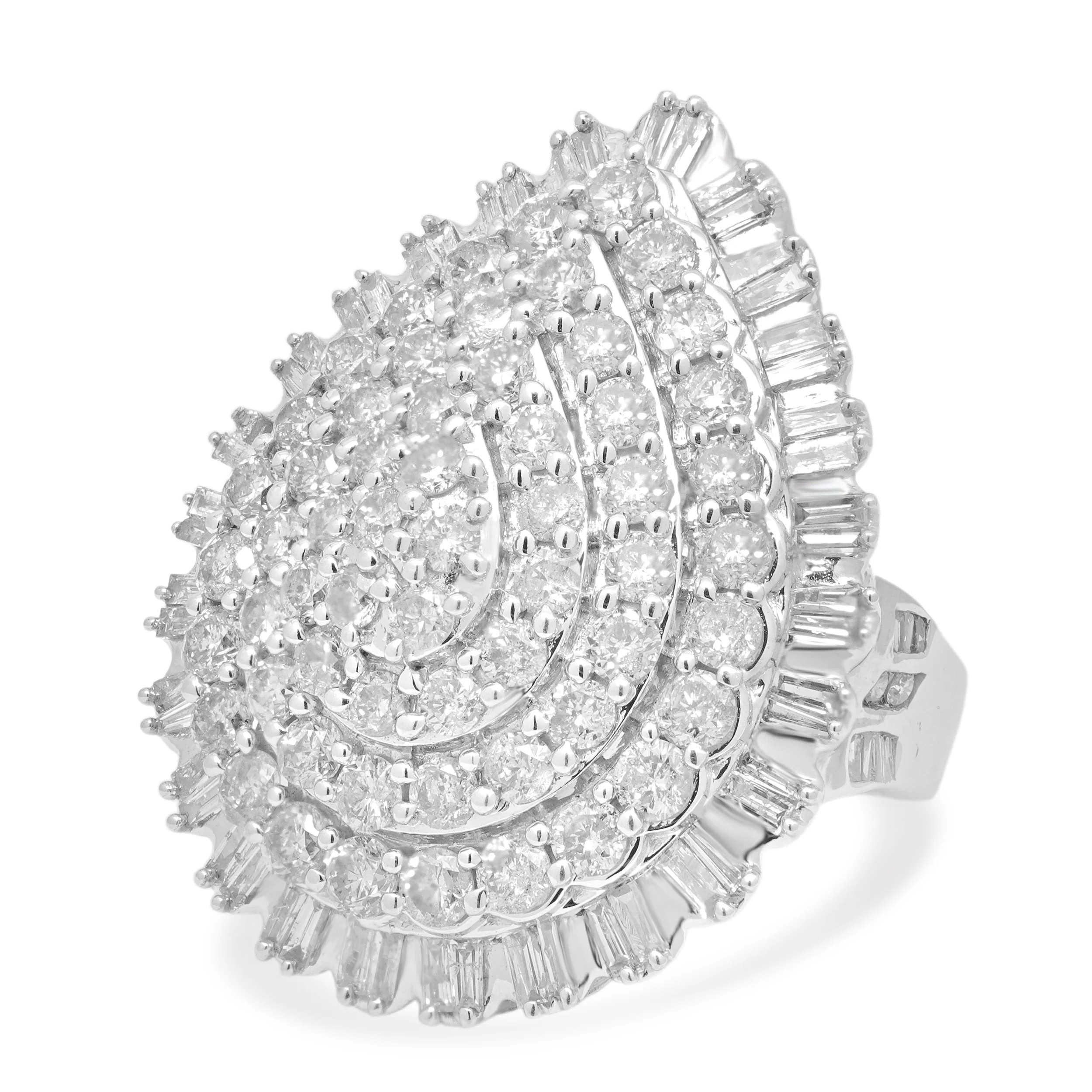 14 Karat White Gold Prong Set Round and Baguette Cut Diamond Pear-Shaped Cluster Ring