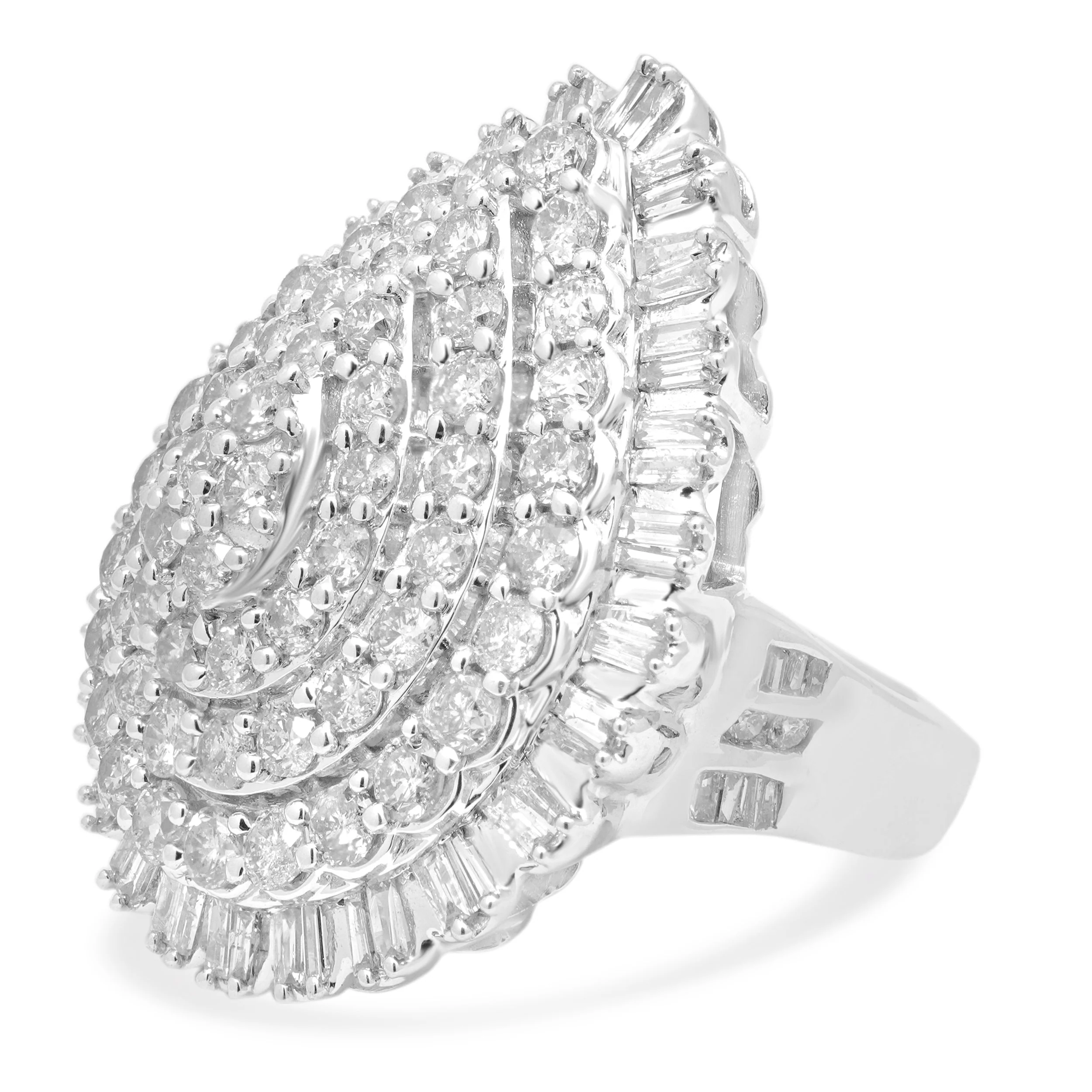 14 Karat White Gold Prong Set Round and Baguette Cut Diamond Pear-Shaped Cluster Ring - Image 3