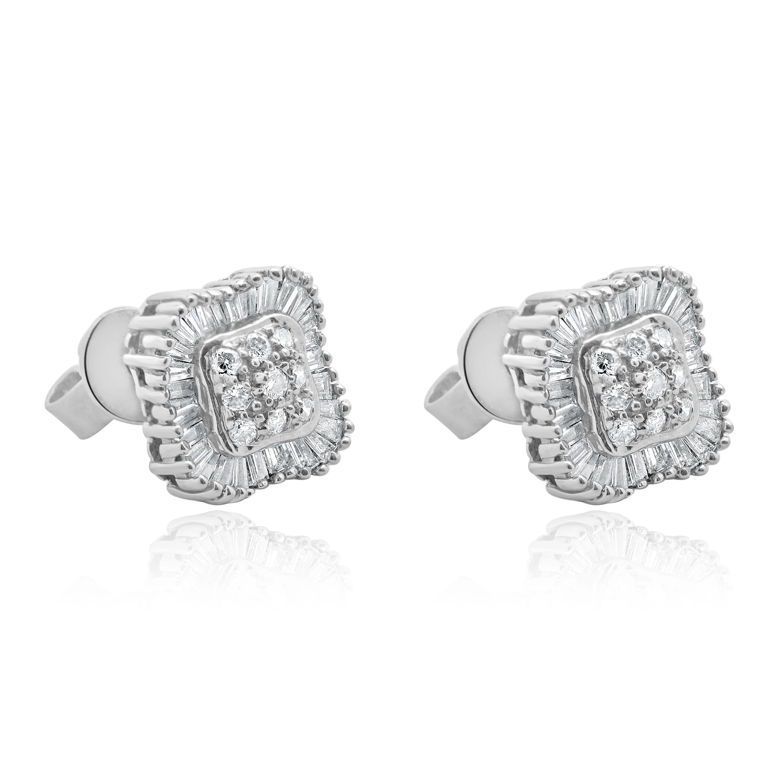 14 Karat White Gold Round and Baguette Cut Diamond Cluster Stud Earrings - Image 3