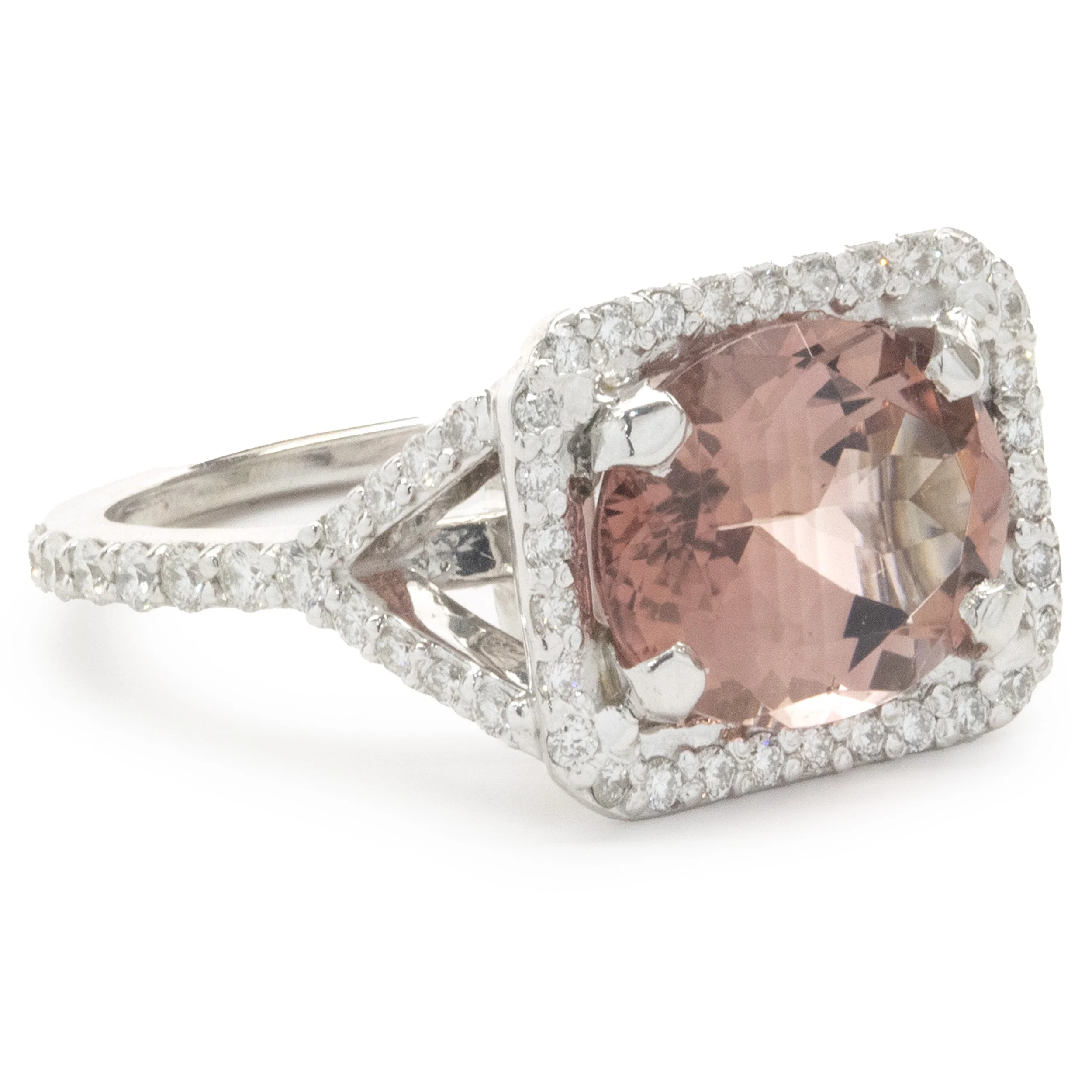 14 Karat White Gold Salmon Tourmaline and Diamond Ring - Image 2