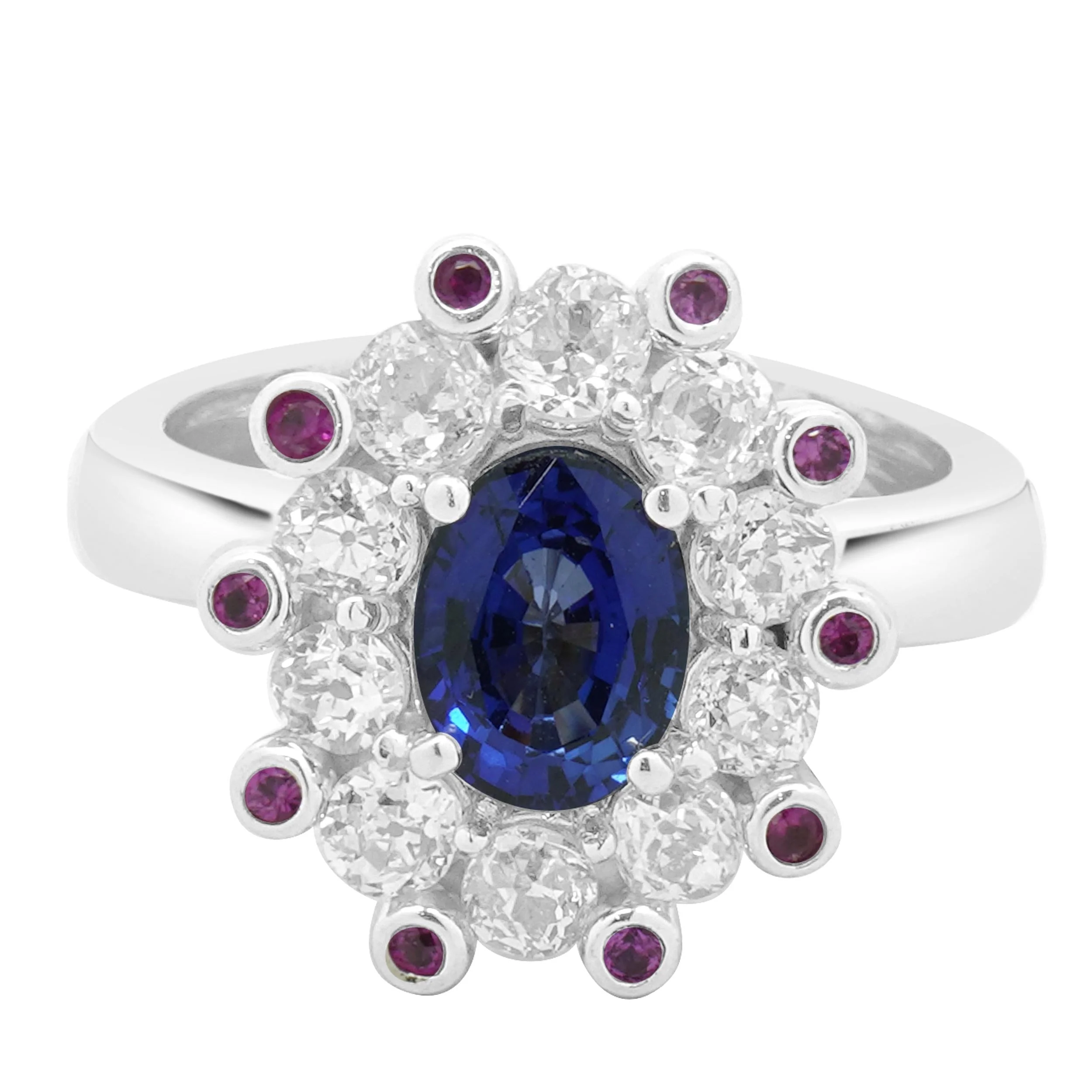 14 Karat White Gold Sapphire, Diamond, and Ruby Cocktail Ring