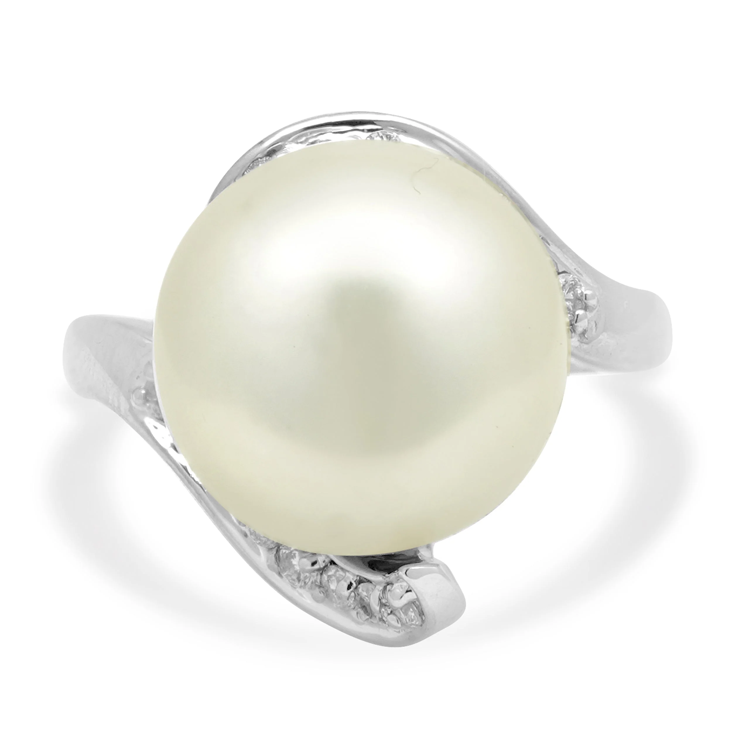 14 Karat White Gold South Sea Pearl and Round Diamond Bypass Ring