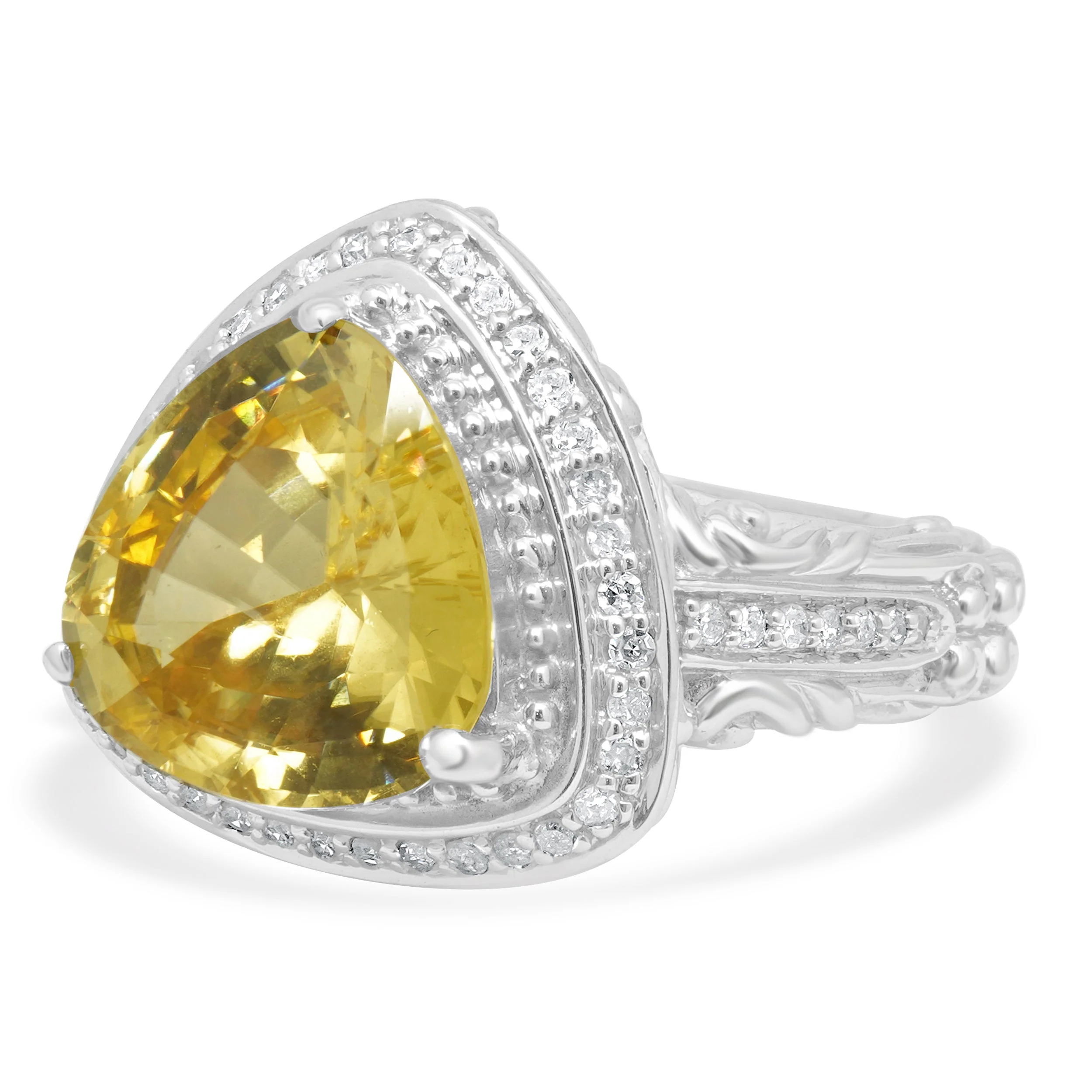 14 Karat White Gold Trillion Cut Sphene and Single Cut Diamond Halo Euro Shank Ring - Image 2