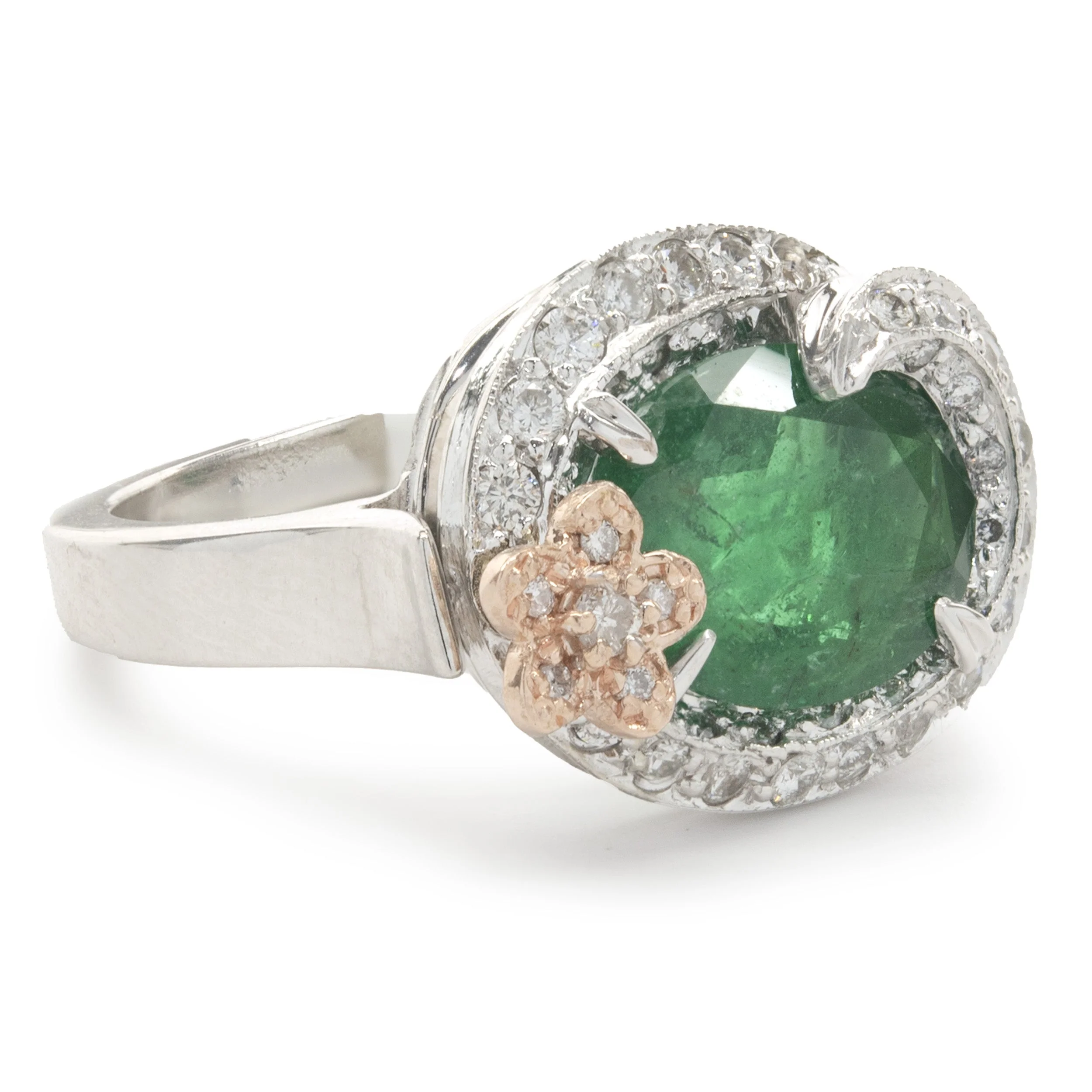 14 Karat White & Rose Gold Emerald and Diamond Flower Wrap Ring - Image 2