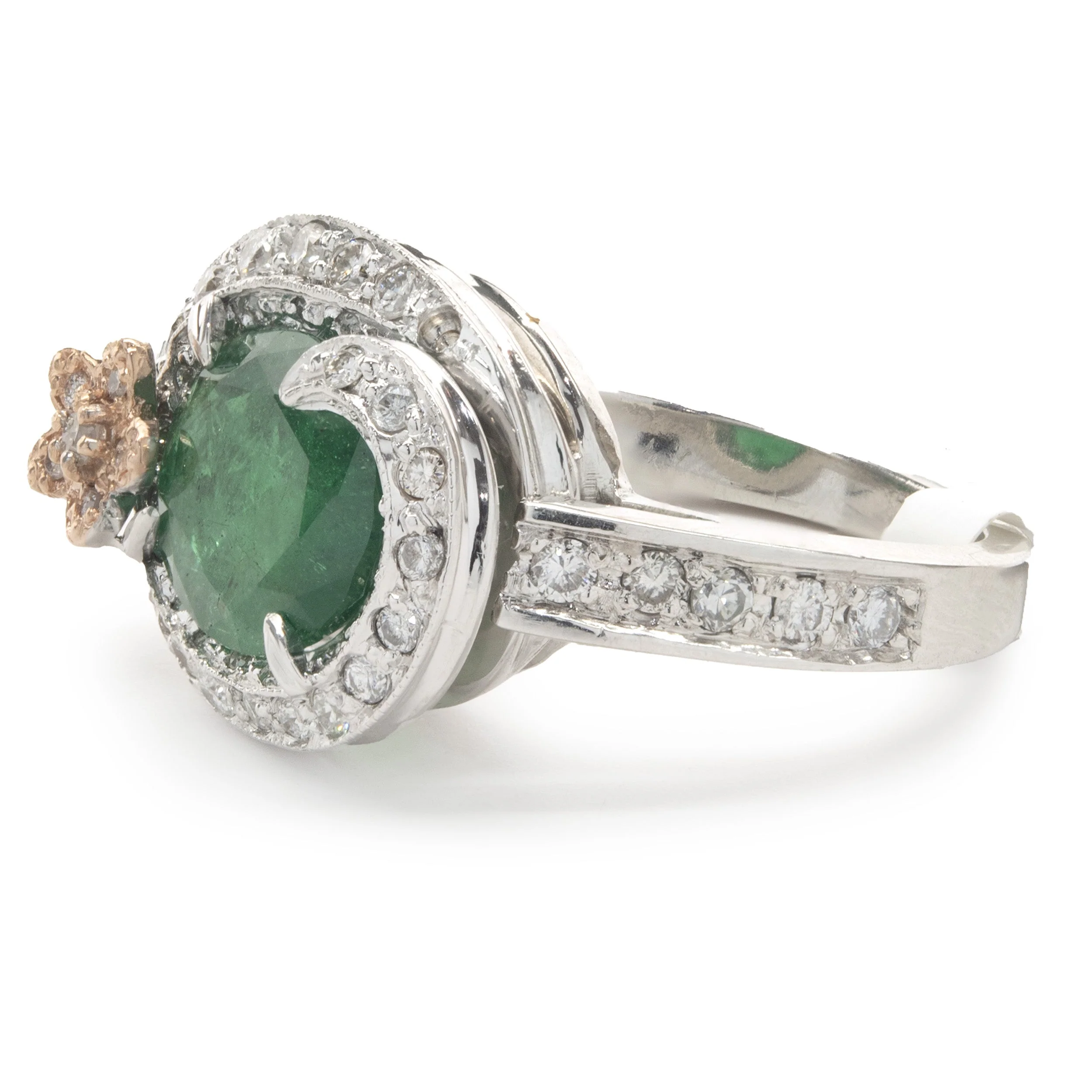 14 Karat White & Rose Gold Emerald and Diamond Flower Wrap Ring - Image 3