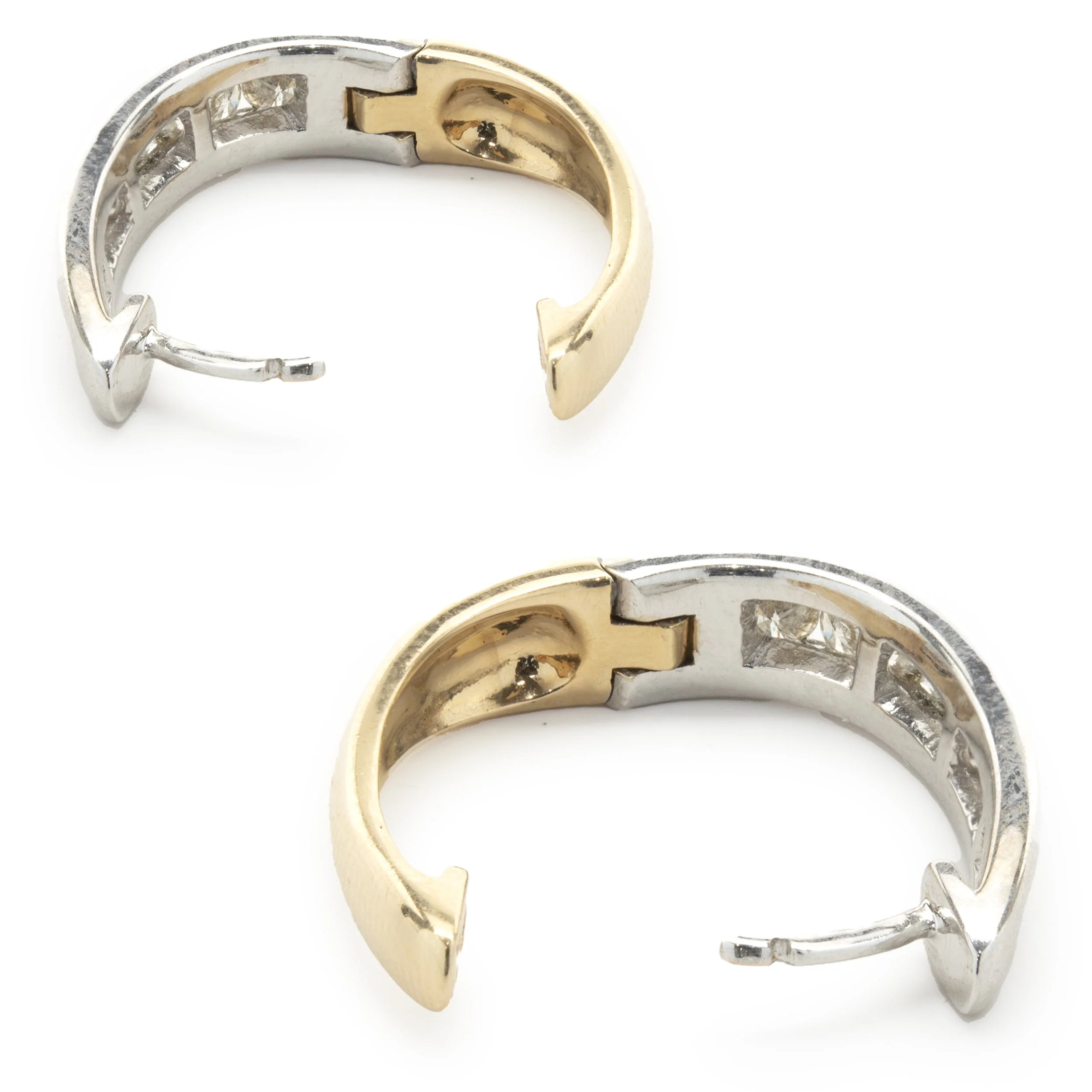14 Karat Yellow and White Gold Channel Set Diamond Hoop Earrings - Image 3