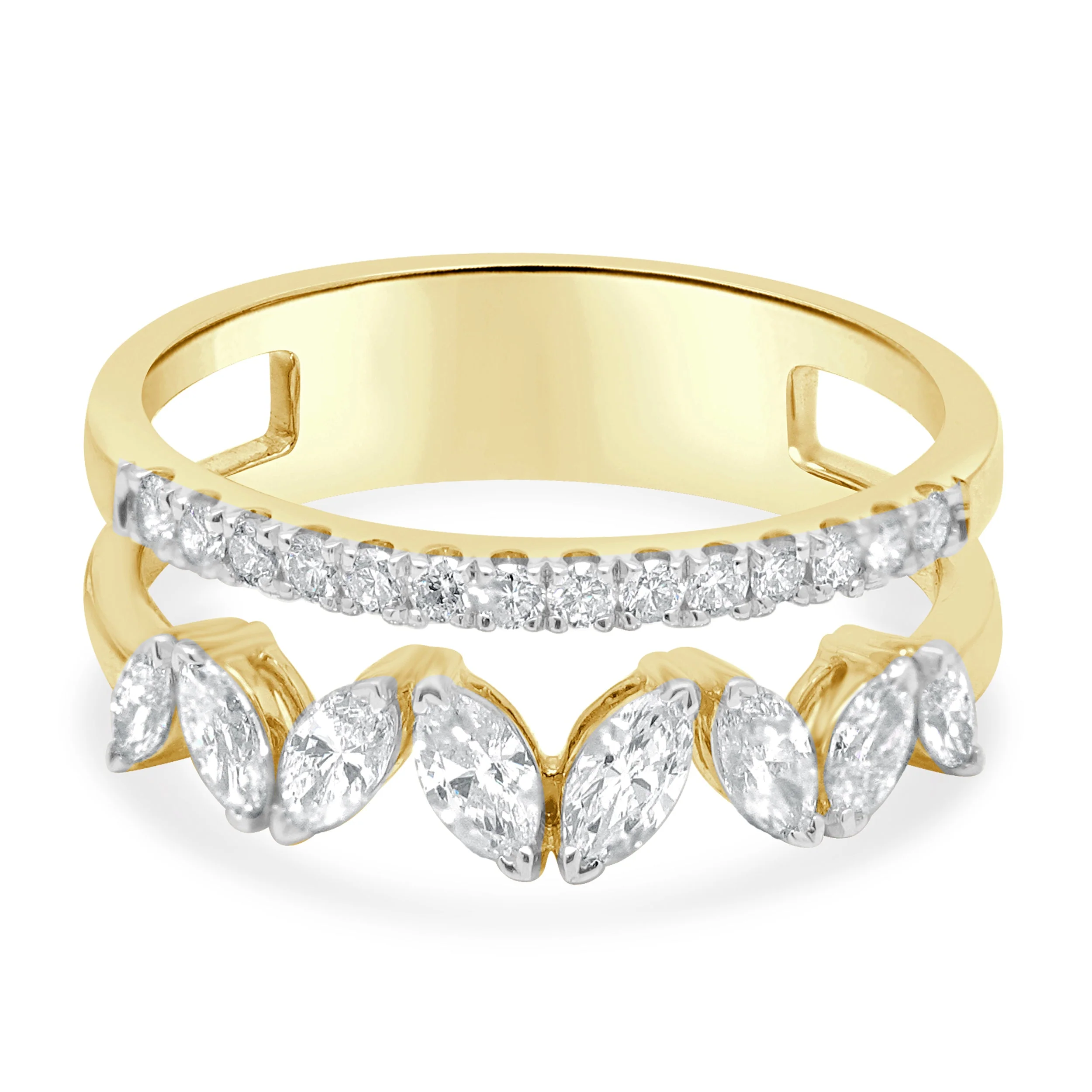 14 Karat Yellow Gold 2-Row Prong Set Marquise Cut and Round Diamond Bar Ring