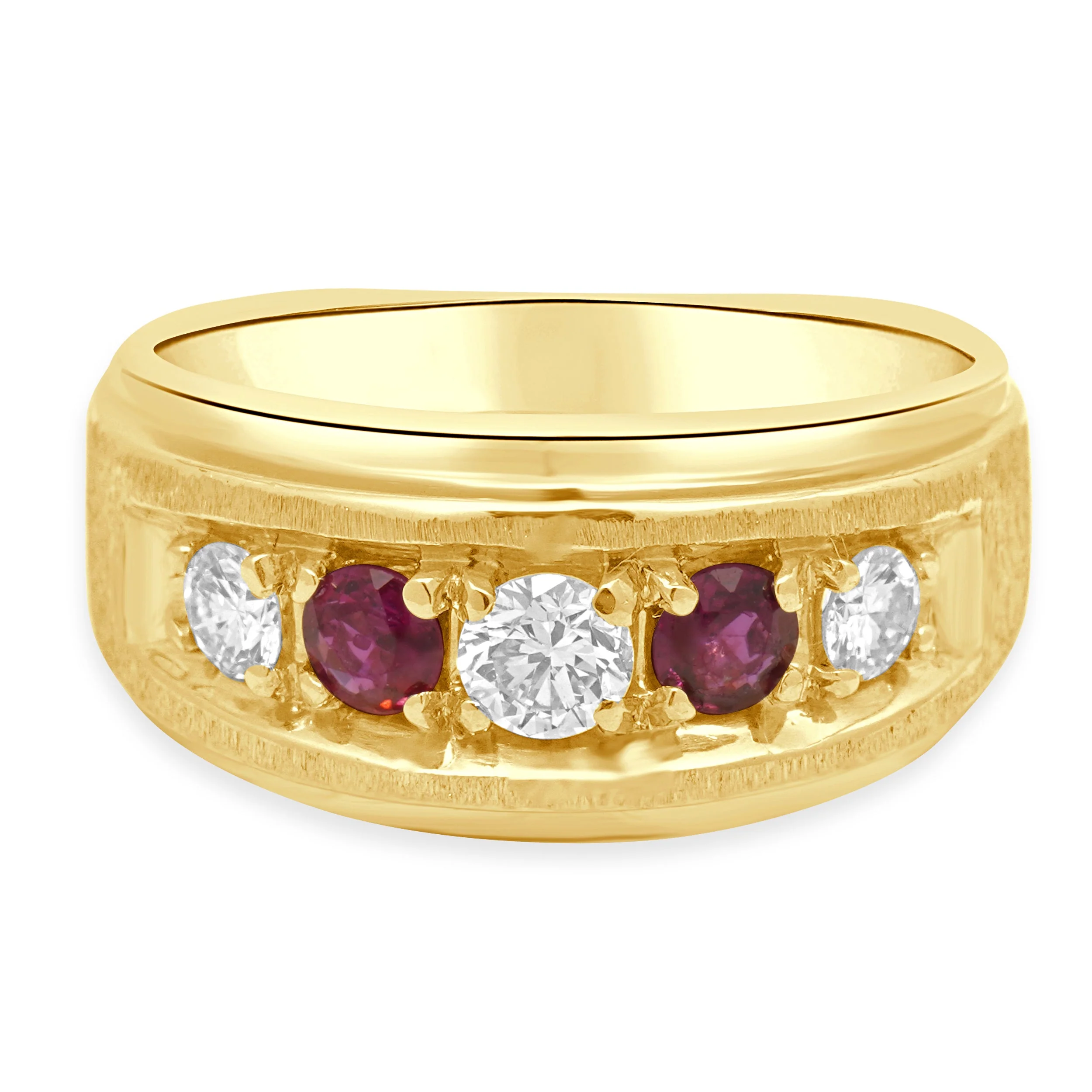 14 Karat Yellow Gold Alternating 5-Stone Round Ruby and Round Diamond Euro Shank Ring