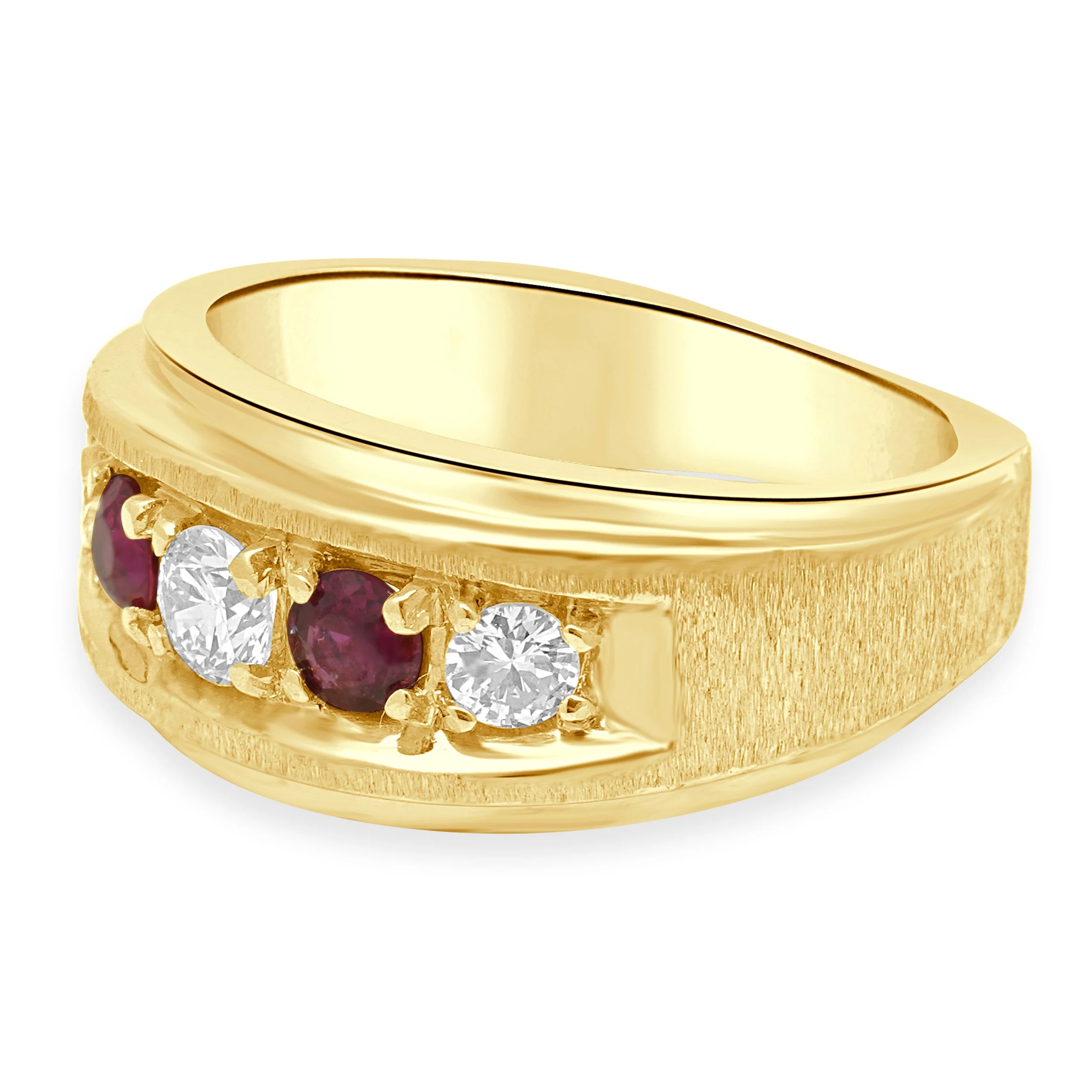 14 Karat Yellow Gold Alternating 5-Stone Round Ruby and Round Diamond Euro Shank Ring - Image 2