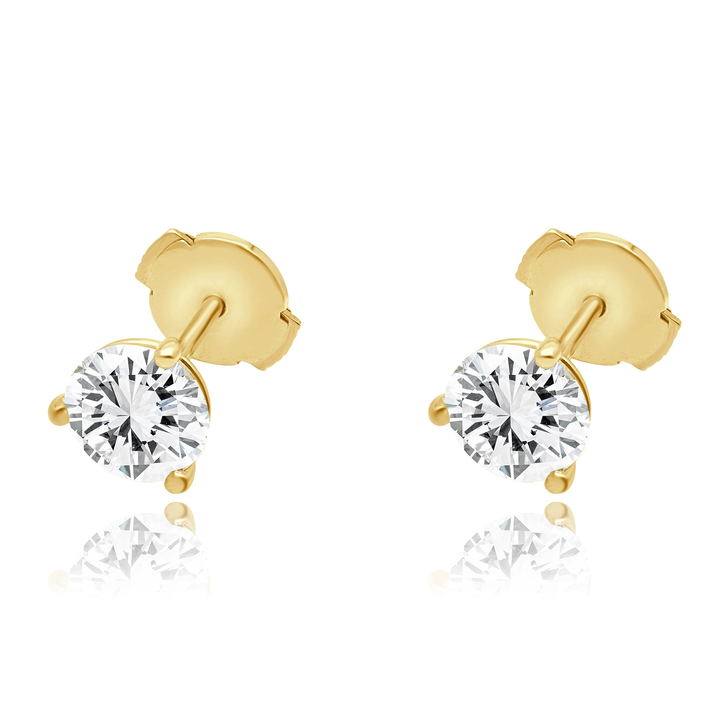 14 Karat Yellow Gold and 3-Prong Set Round Brilliant Cut Diamond Martini Stud Earrings