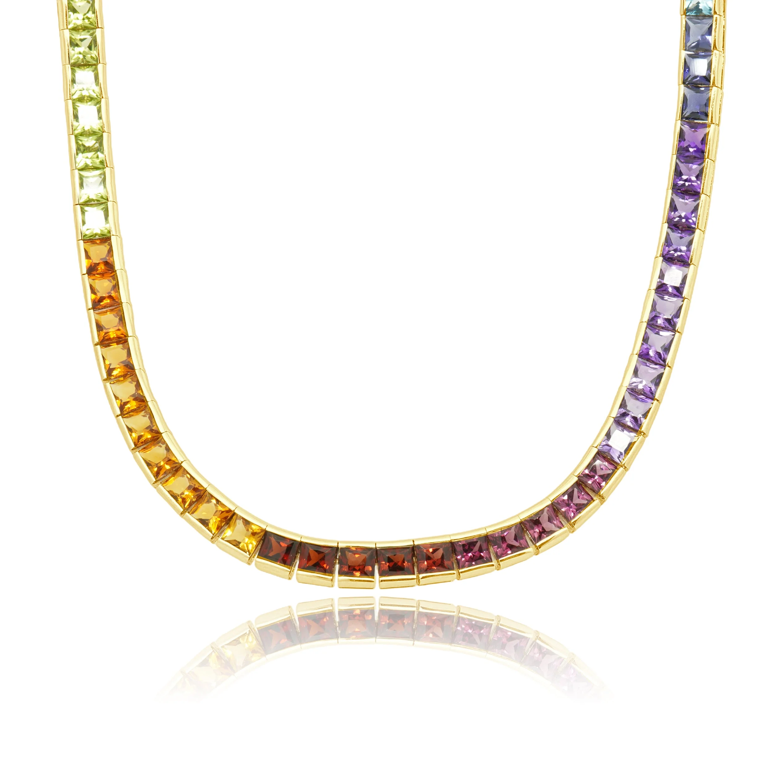 14 Karat Yellow Gold and Fancy Cut Multi Color Gemstone Inline Necklace 18.0"