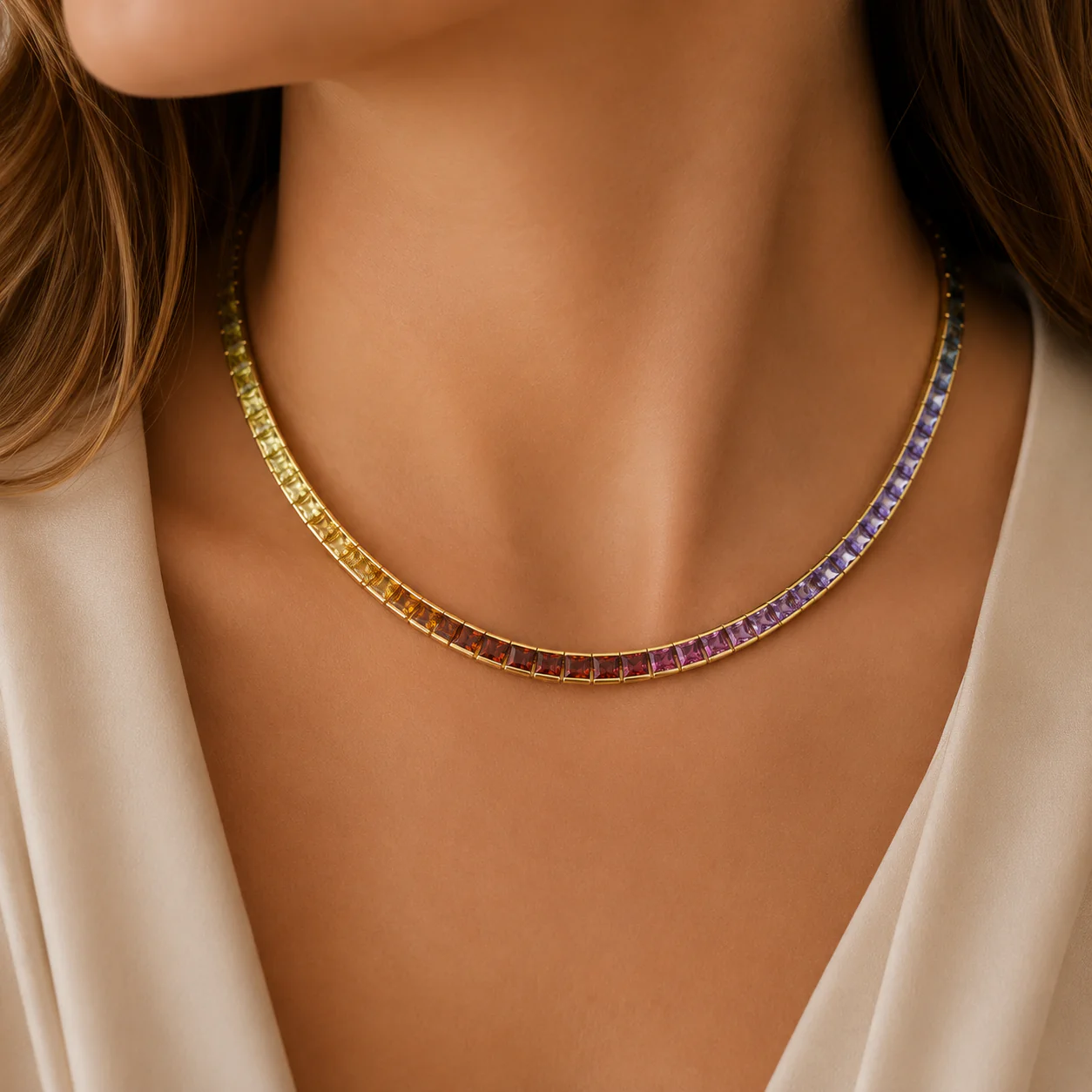 14 Karat Yellow Gold and Fancy Cut Multi Color Gemstone Inline Necklace 18.0" - Image 5