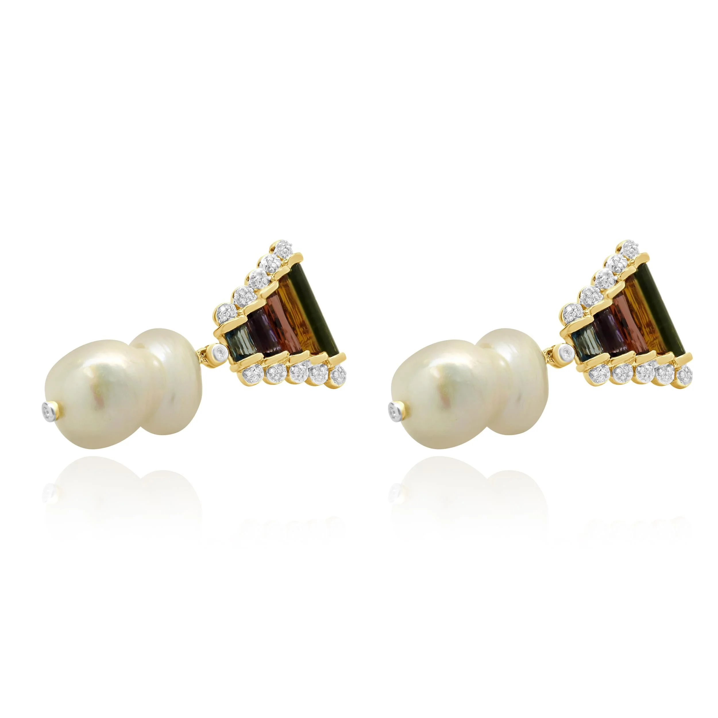 14 Karat Yellow Gold Baroque Pearl, Multi Gemstone and Diamond Drop Earrings - Image 3