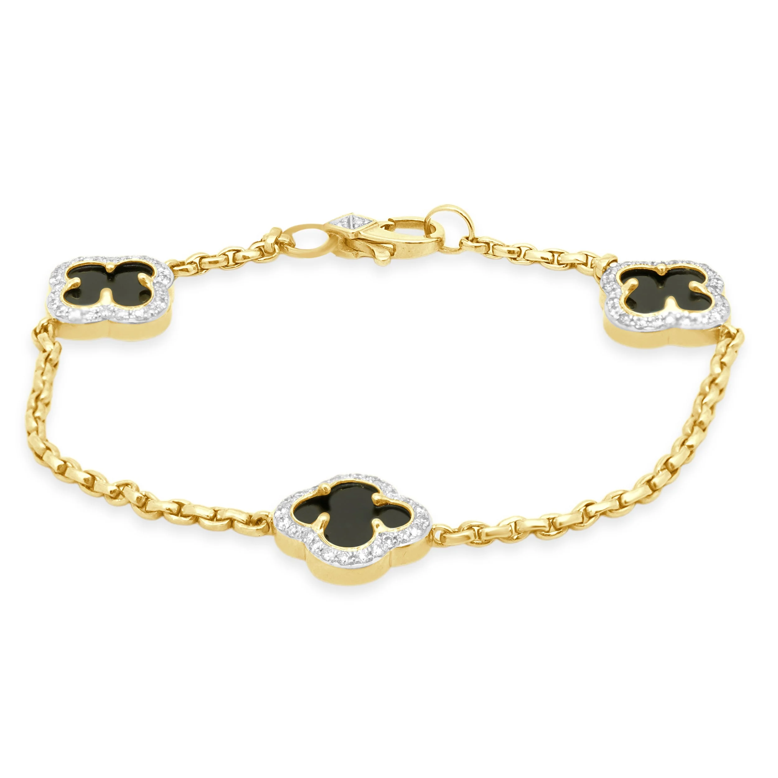 14 Karat Yellow Gold Black Onyx and Round Diamond Halo Quatrefoil Station Bracelet 7.0"