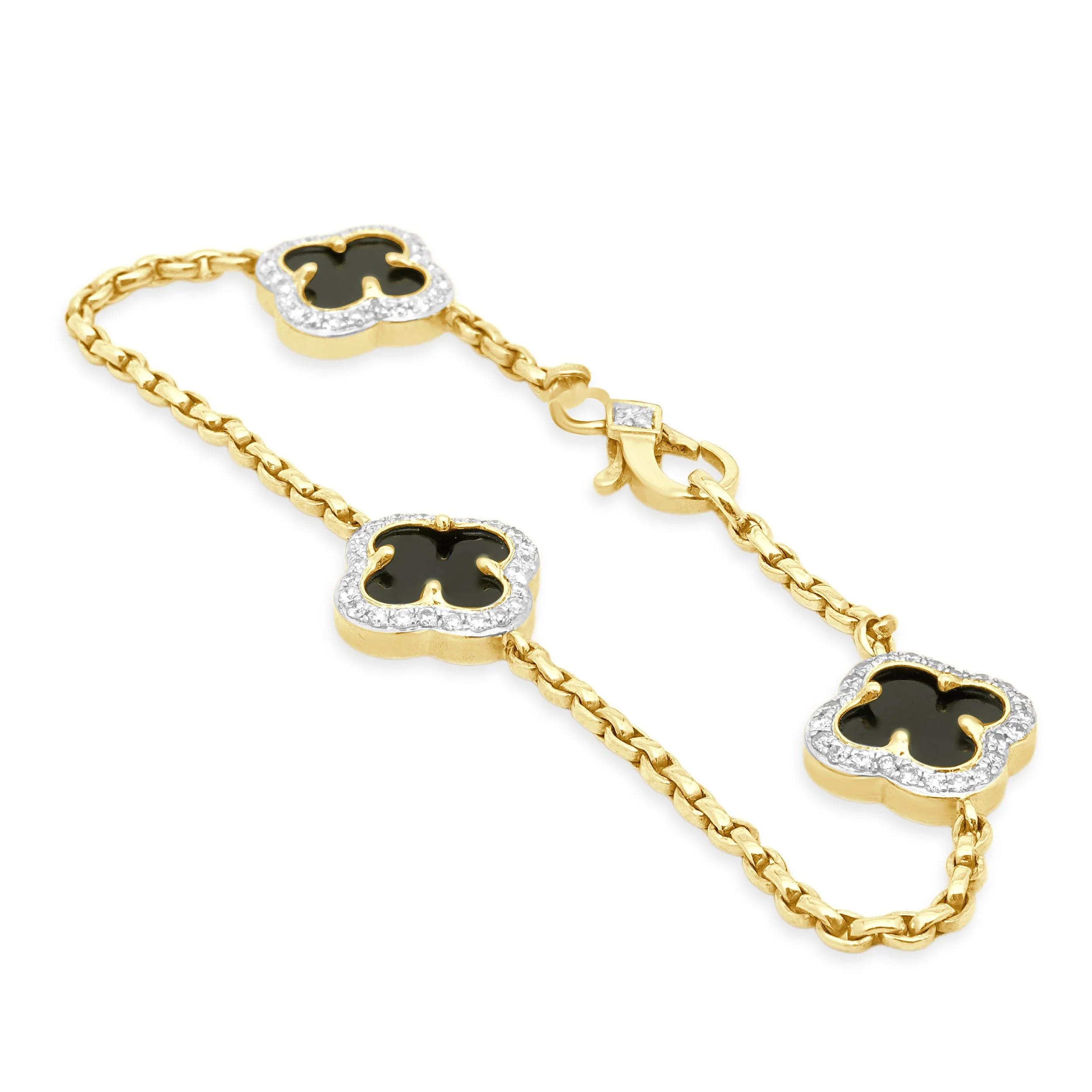 14 Karat Yellow Gold Black Onyx and Round Diamond Halo Quatrefoil Station Bracelet 7.0" - Image 2
