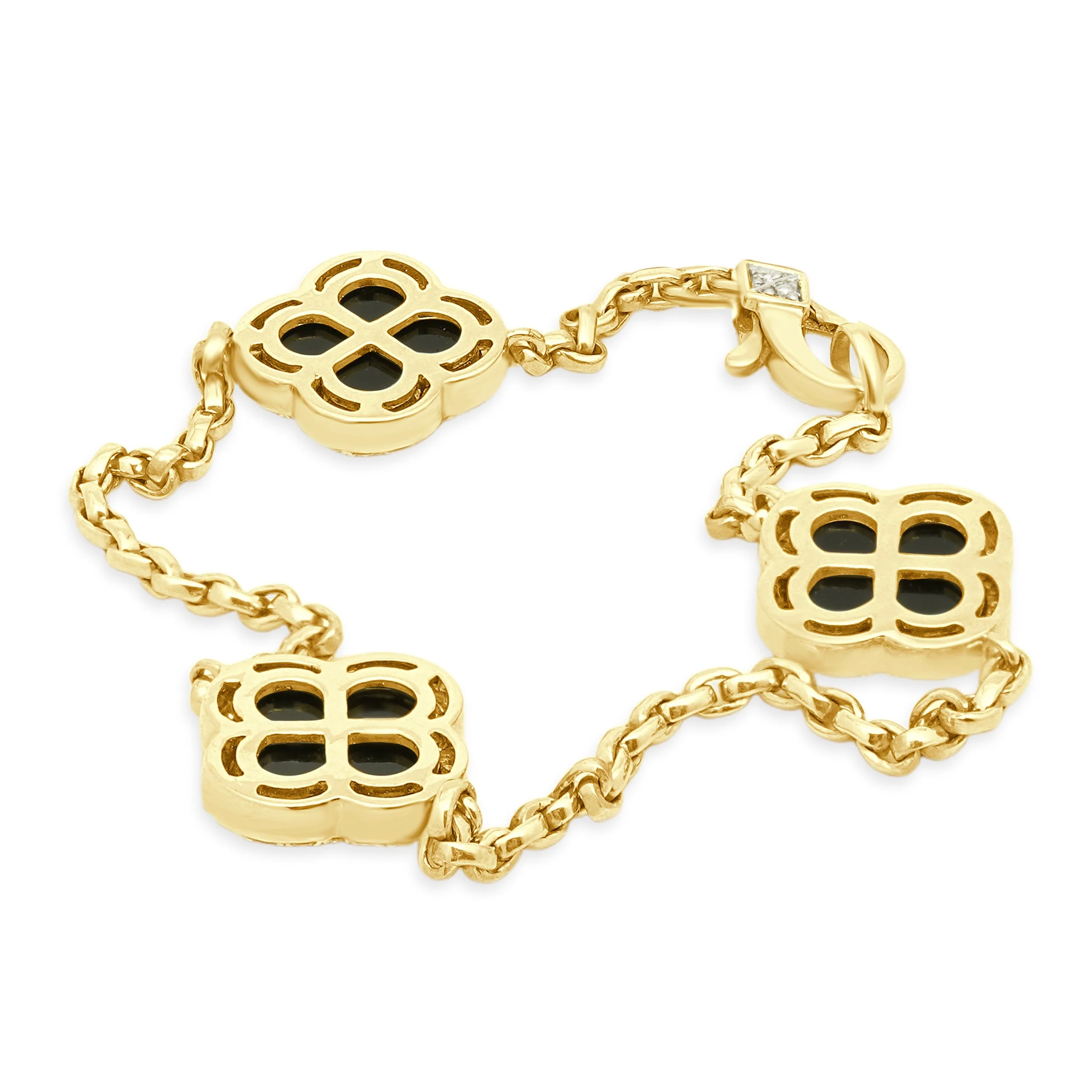 14 Karat Yellow Gold Black Onyx and Round Diamond Halo Quatrefoil Station Bracelet 7.0" - Image 3