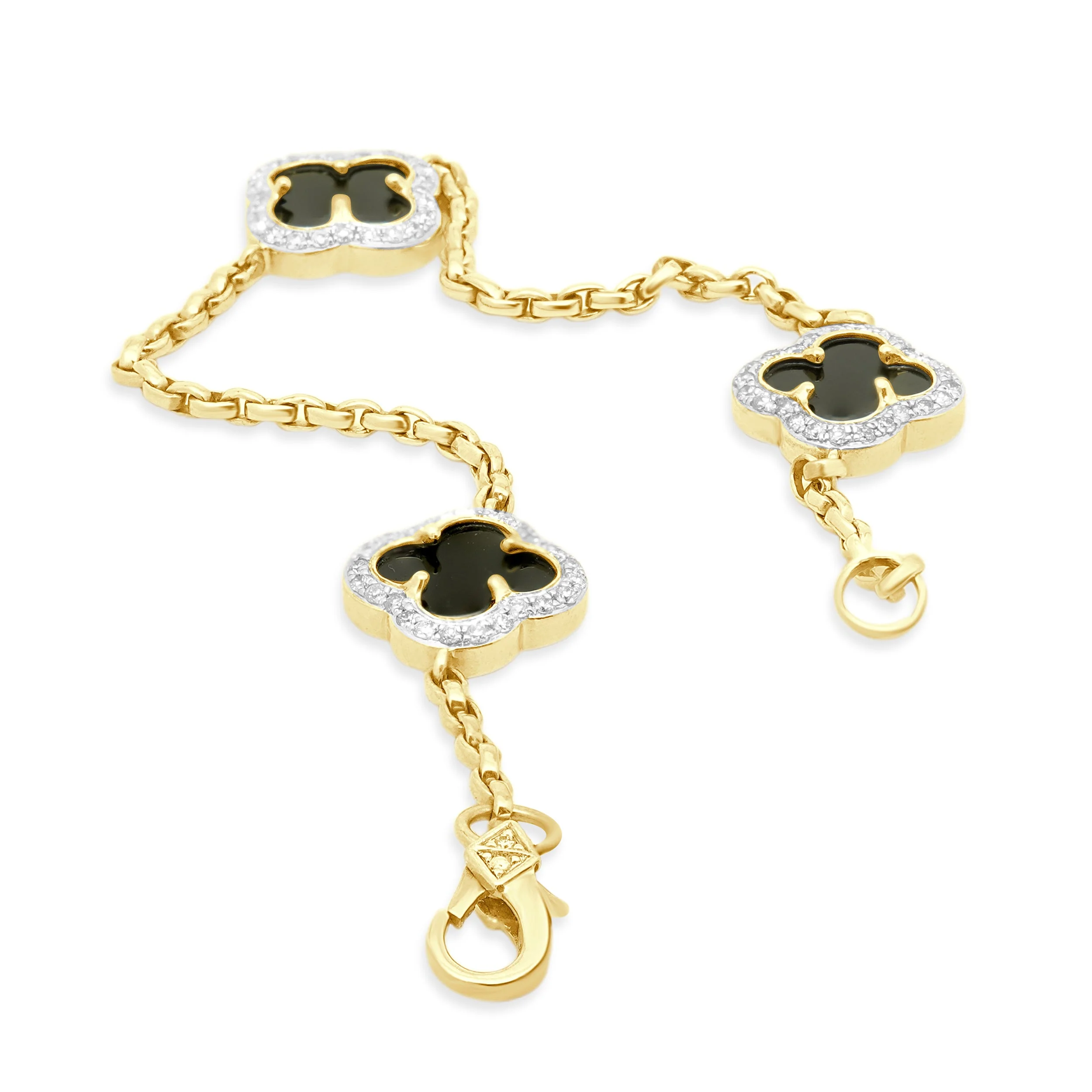 14 Karat Yellow Gold Black Onyx and Round Diamond Halo Quatrefoil Station Bracelet 7.0" - Image 4