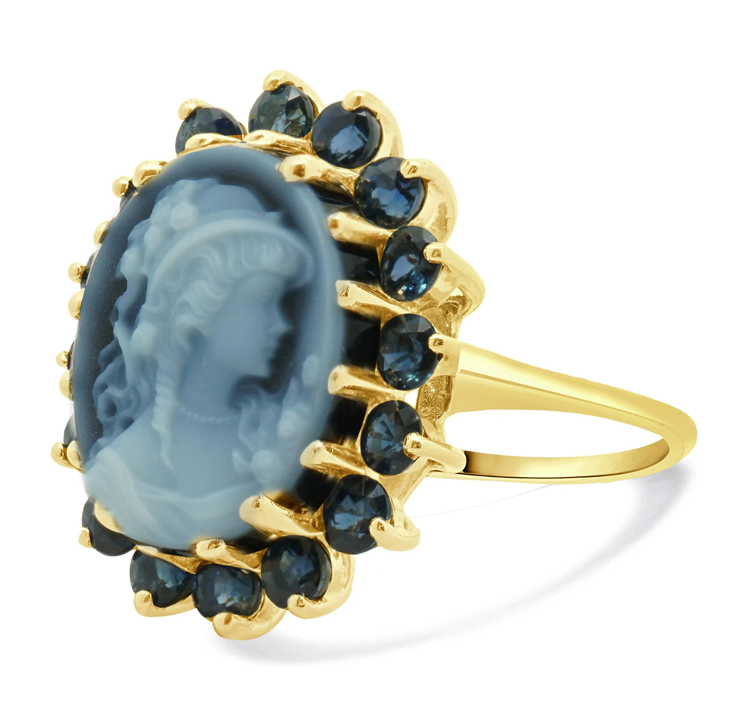 14 Karat Yellow Gold Blue Agate Cameo and Topaz Ring - Image 2