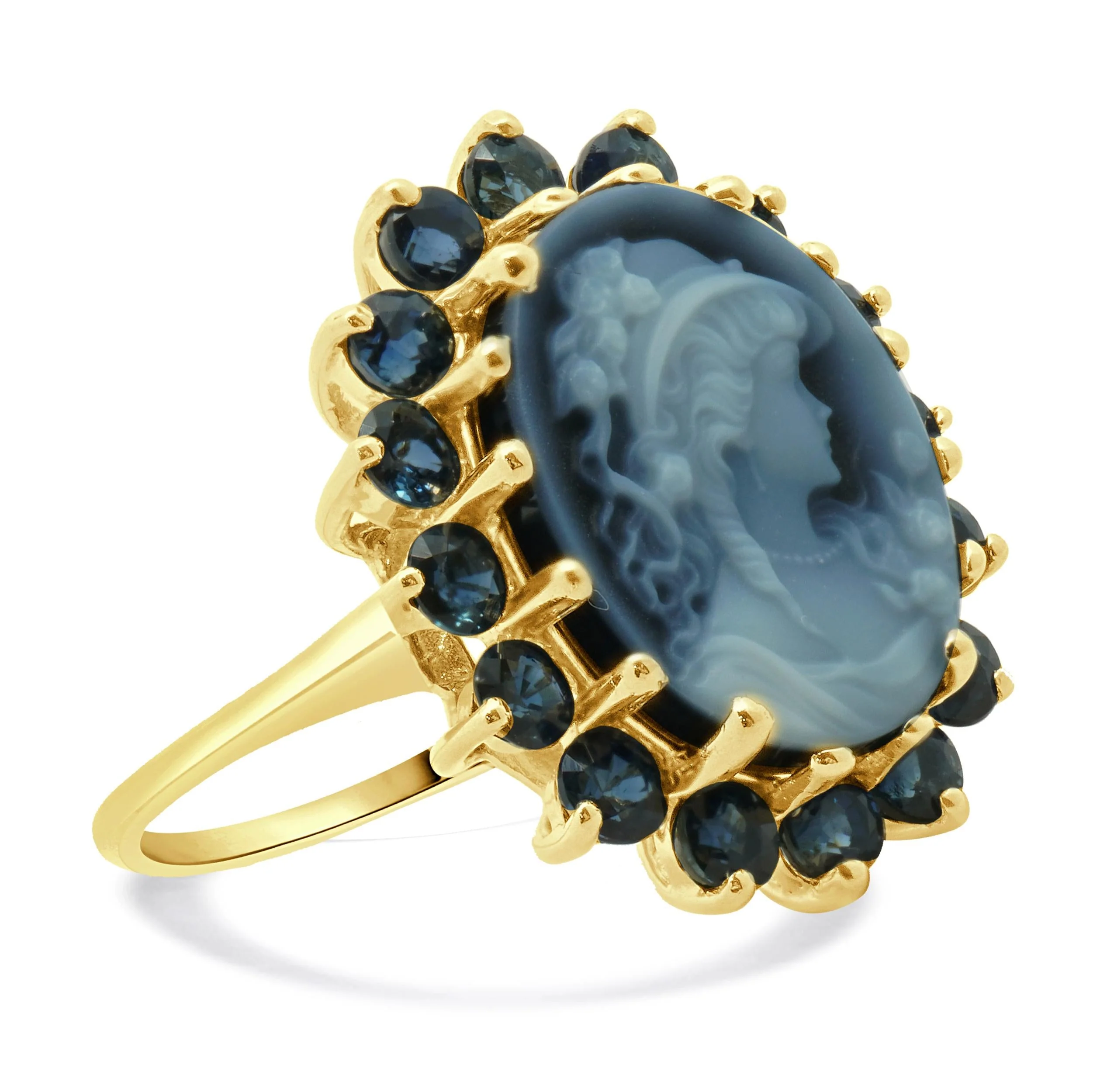 14 Karat Yellow Gold Blue Agate Cameo and Topaz Ring - Image 3