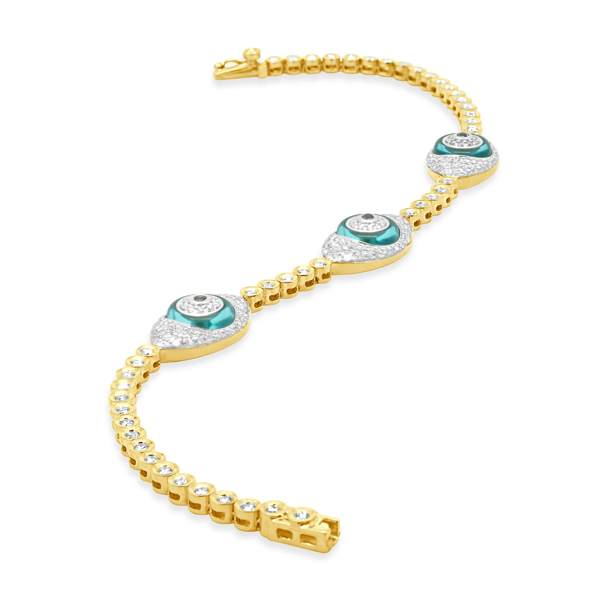 14 Karat Yellow Gold Blue Topaz, Blue Sapphire, and Pave Diamond Evil Eye Station Bracelet 7.0" - Image 3