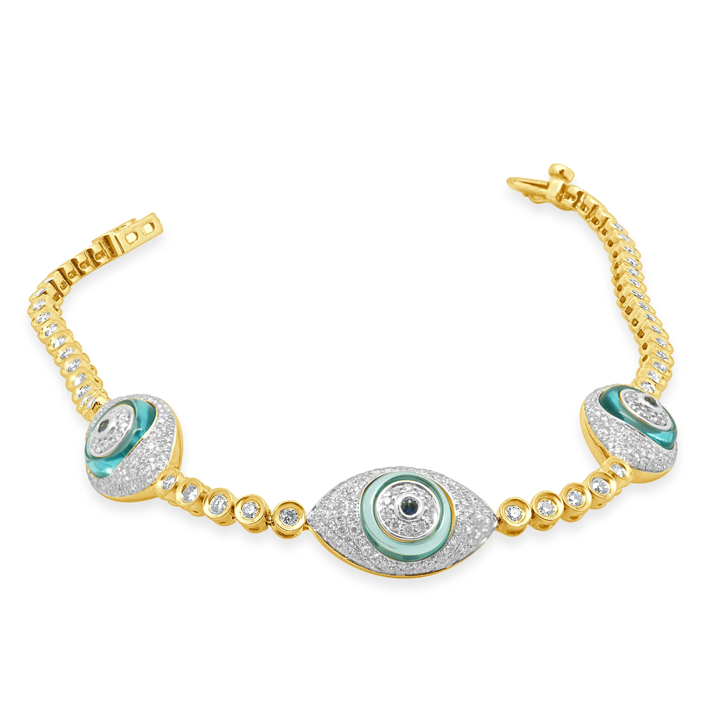 14 Karat Yellow Gold Blue Topaz, Blue Sapphire, and Pave Diamond Evil Eye Station Bracelet 7.0" - Image 4