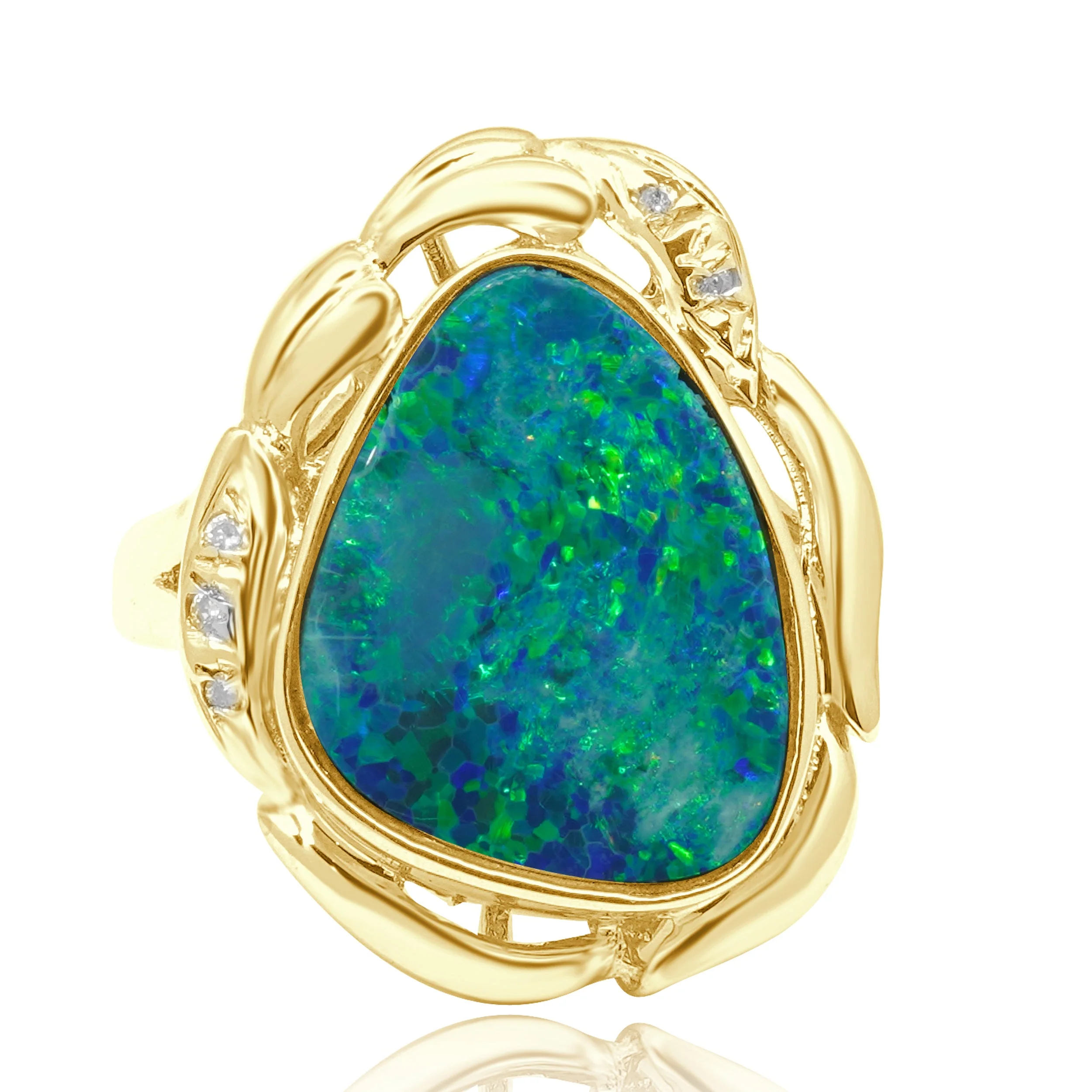 14 Karat Yellow Gold Boulder Opal & Diamond Ring