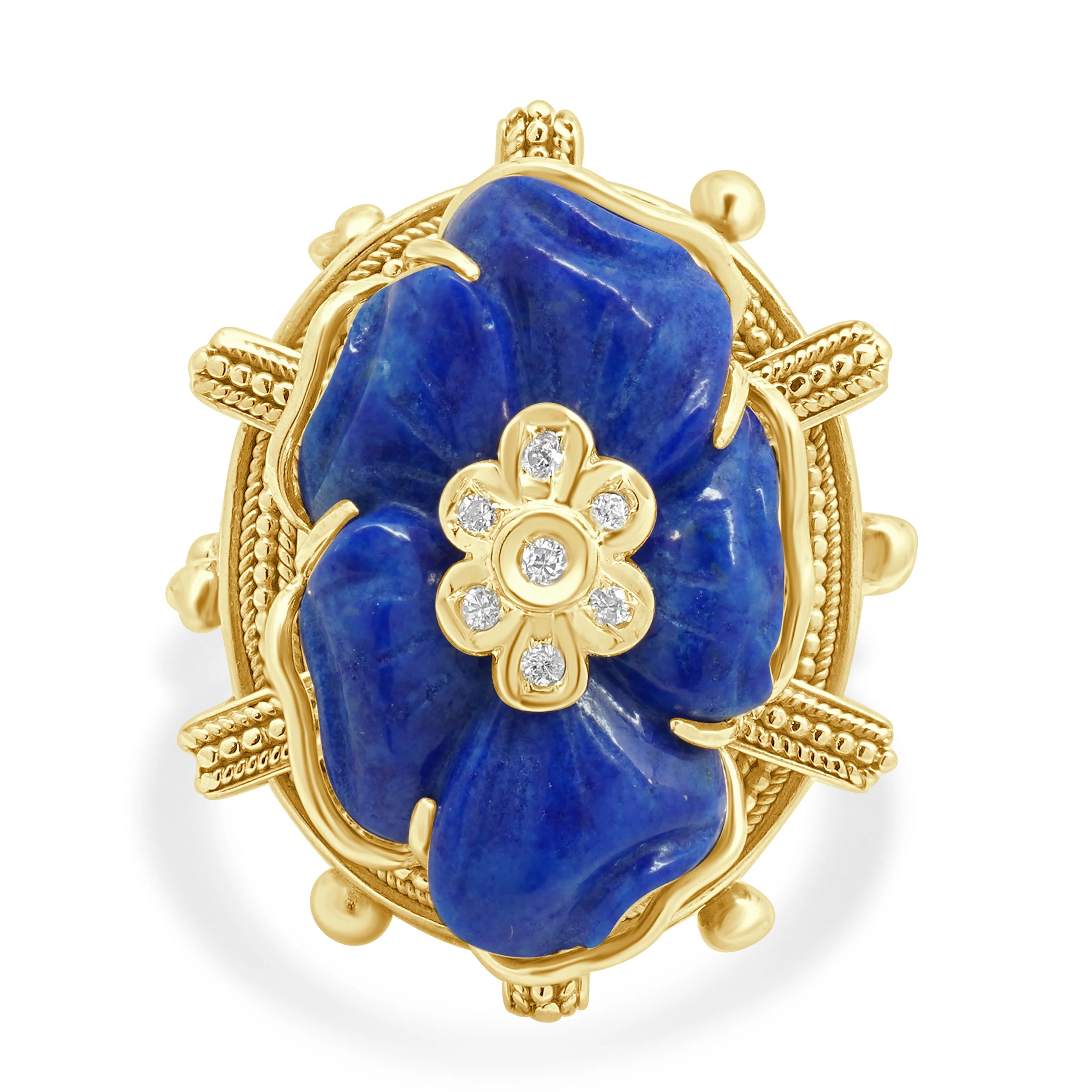 14 Karat Yellow Gold Carved Lapis Flower and Round Diamond Ring