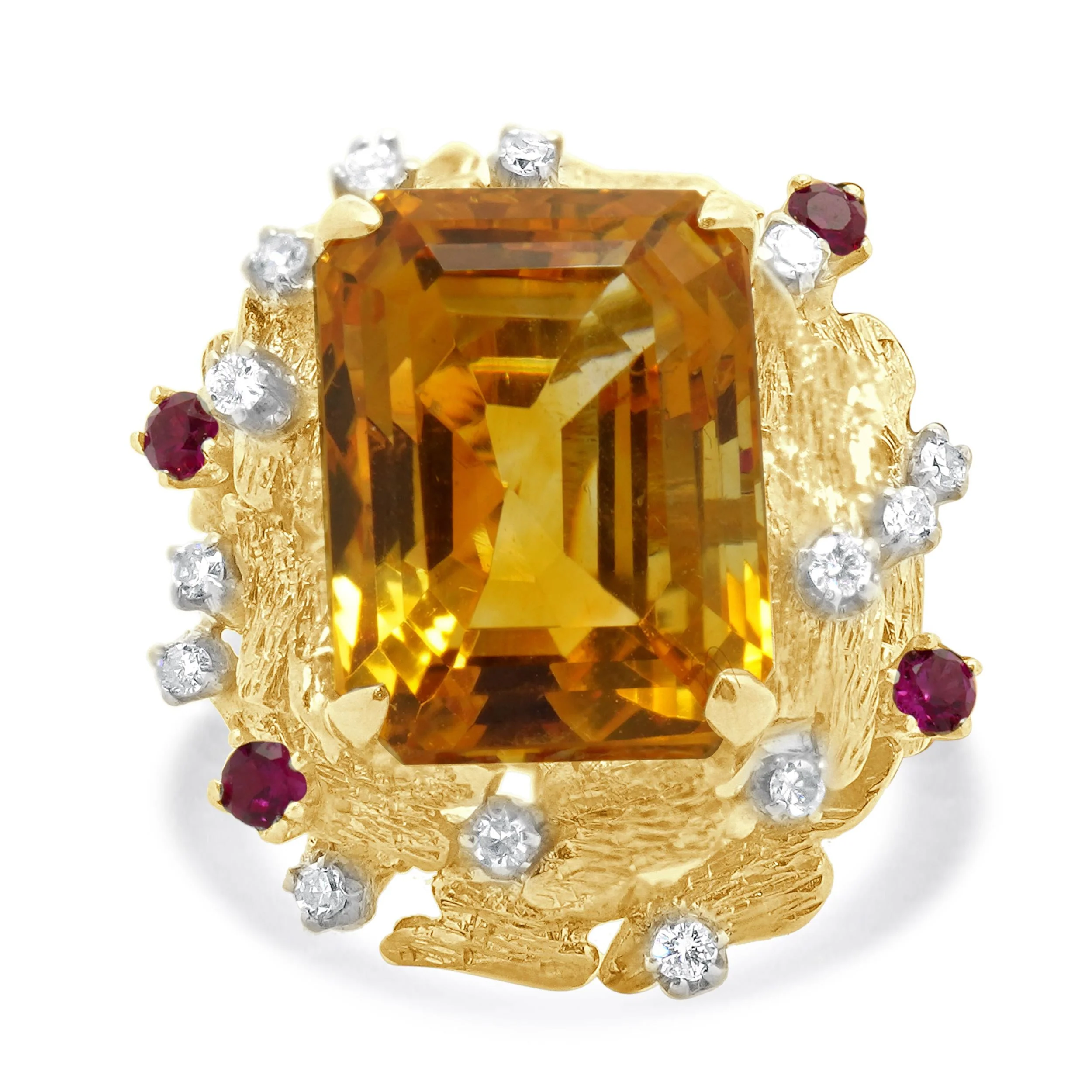 14 Karat Yellow Gold Citrine, Ruby, and Diamond Cocktail Ring