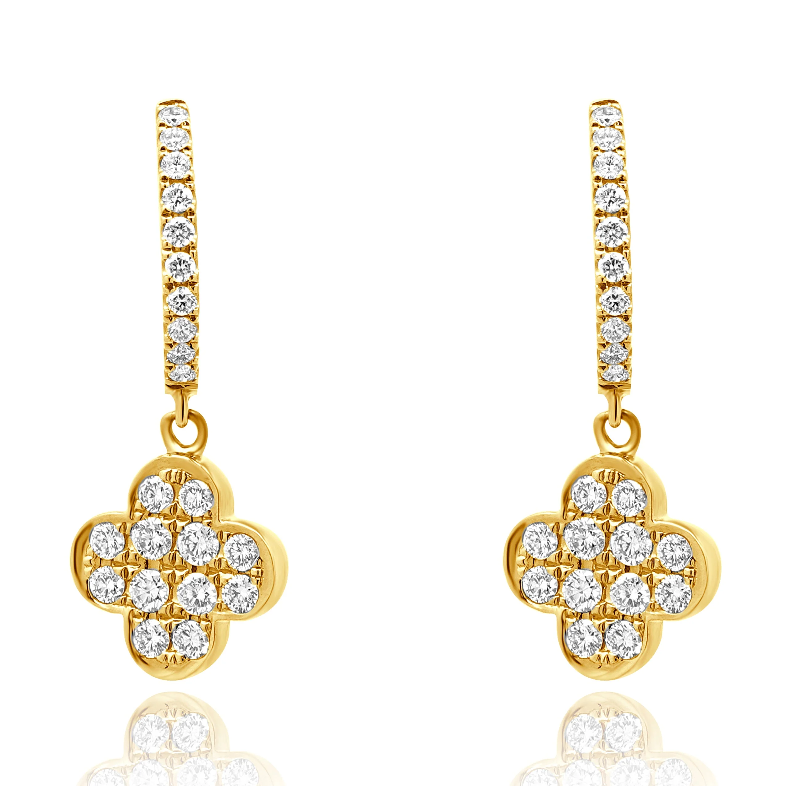 14 Karat Yellow Gold Diamond Clover Drop Earrings