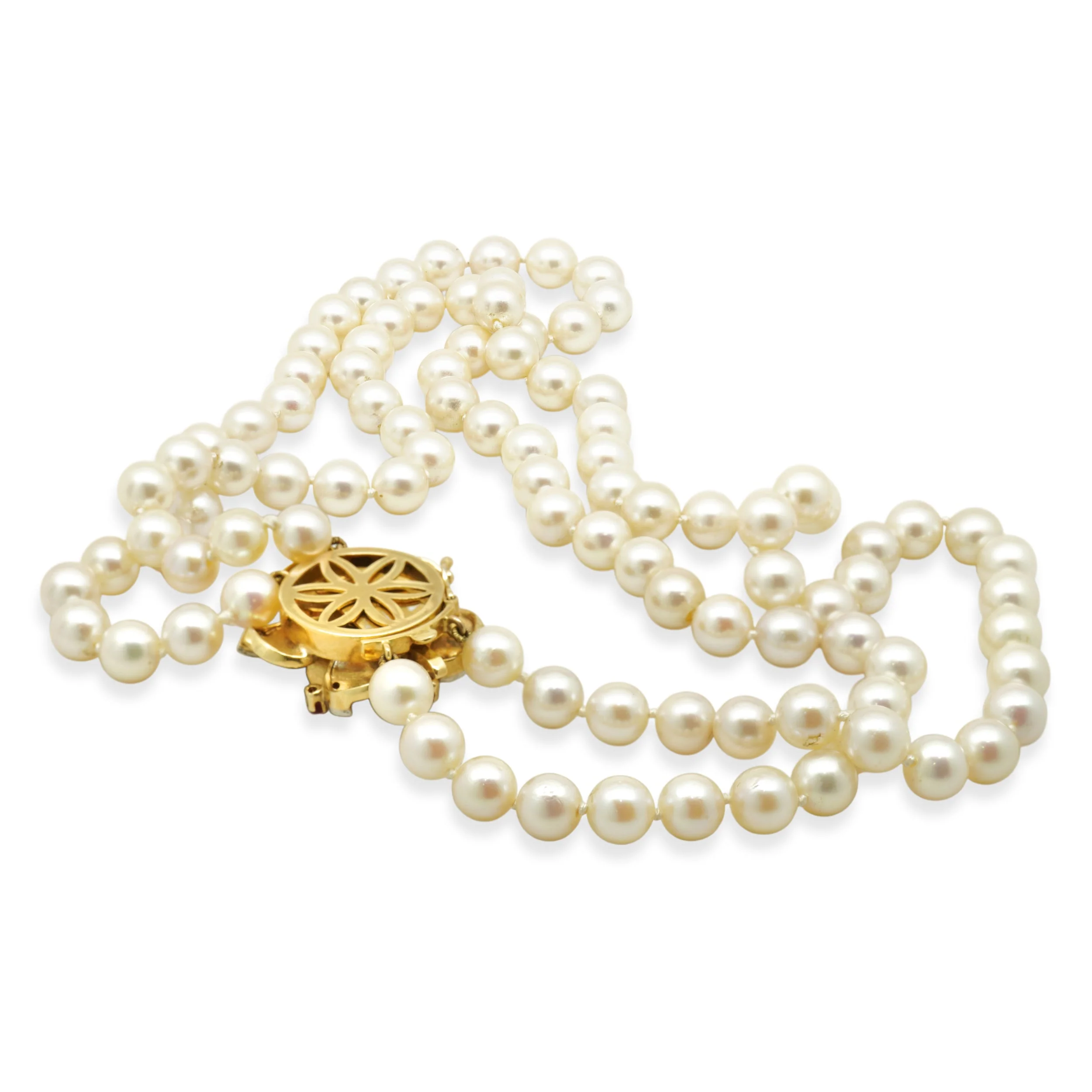 14 Karat Yellow Gold Diamond & Ruby Flower Necklace w/ Double Pearl Strand - Image 3