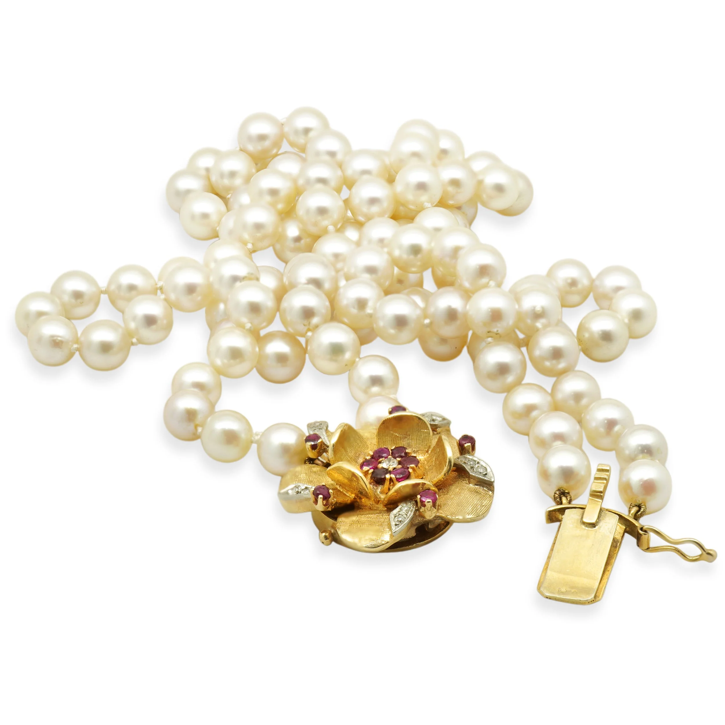 14 Karat Yellow Gold Diamond & Ruby Flower Necklace w/ Double Pearl Strand - Image 4