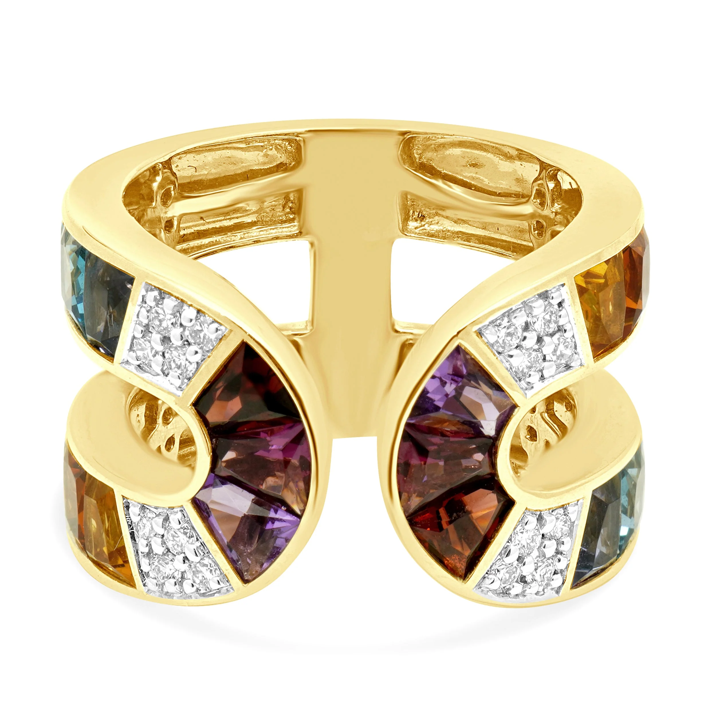 14 Karat Yellow Gold Fancy Cut Multi Color Gemstone and Round Diamond Open Shank Ring