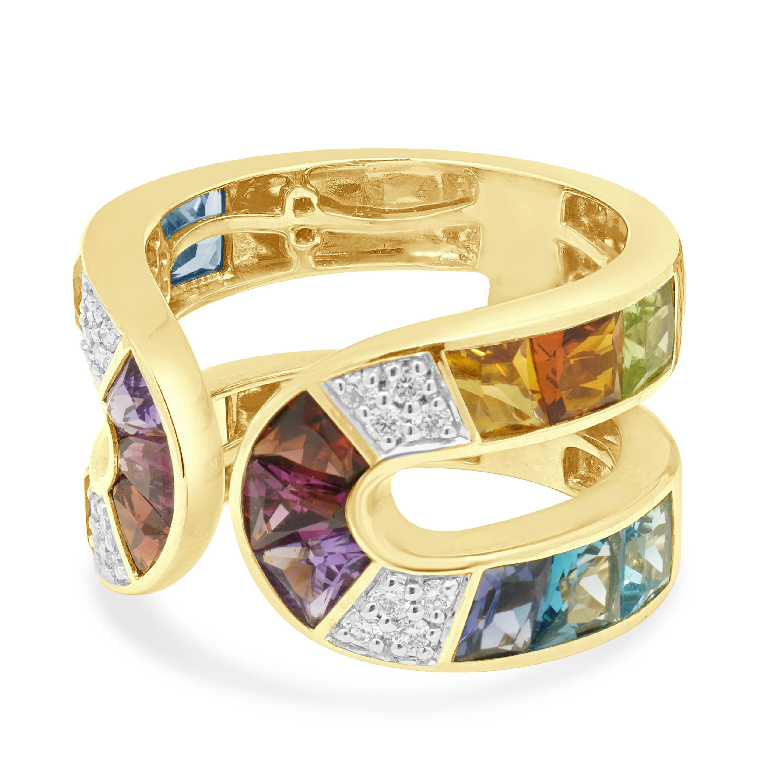 14 Karat Yellow Gold Fancy Cut Multi Color Gemstone and Round Diamond Open Shank Ring - Image 2