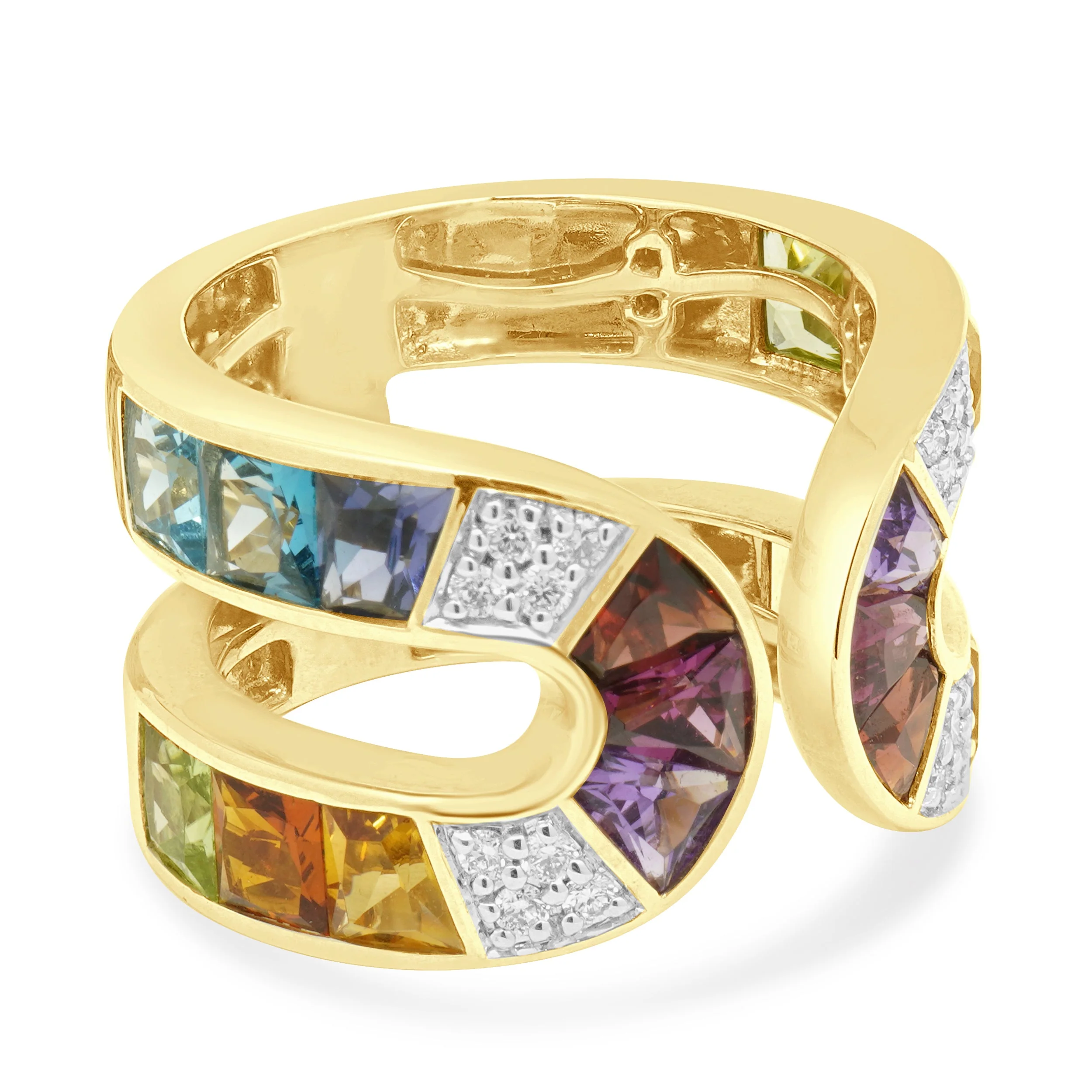 14 Karat Yellow Gold Fancy Cut Multi Color Gemstone and Round Diamond Open Shank Ring - Image 3