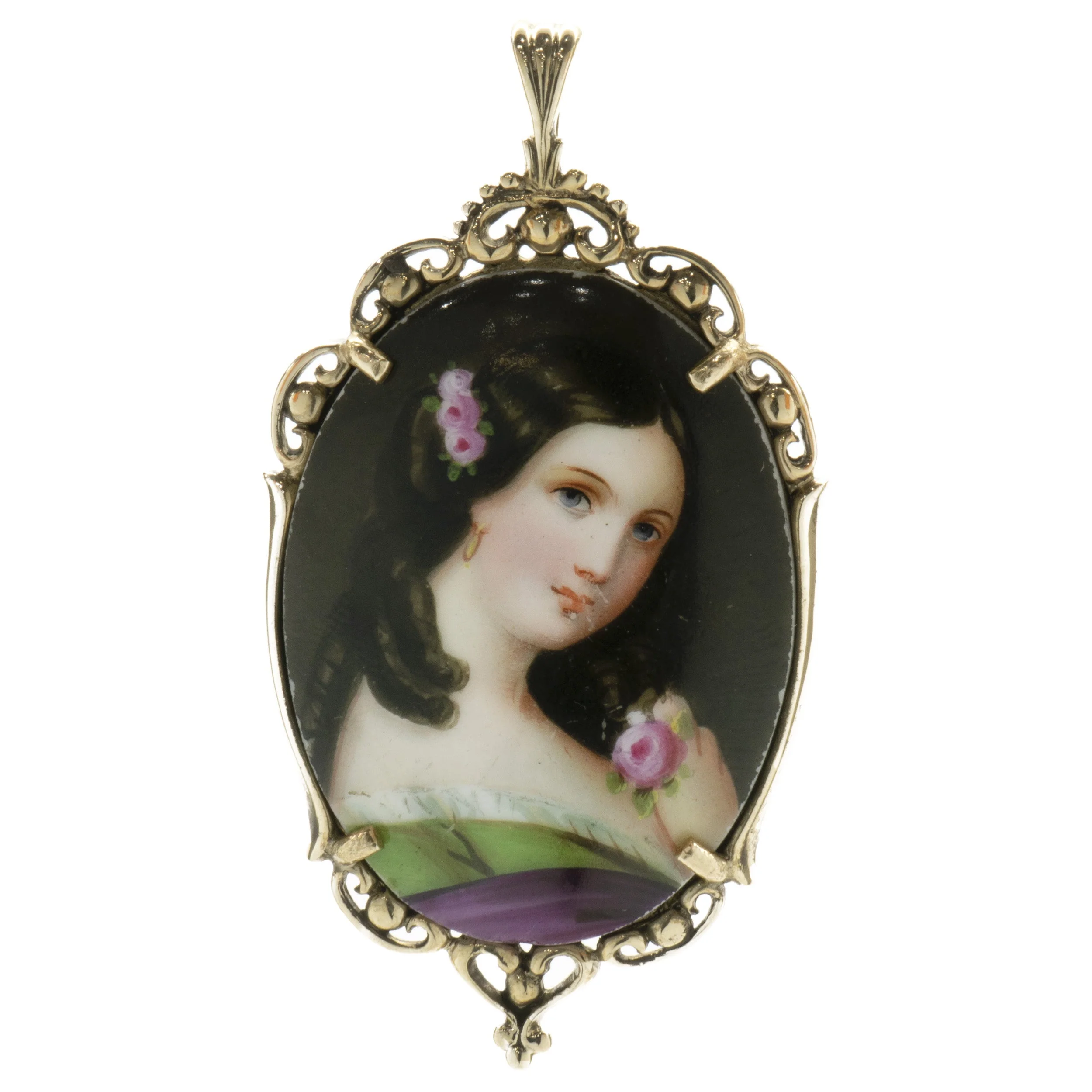 14 Karat Yellow Gold Hand Painted Porcelain Pendant