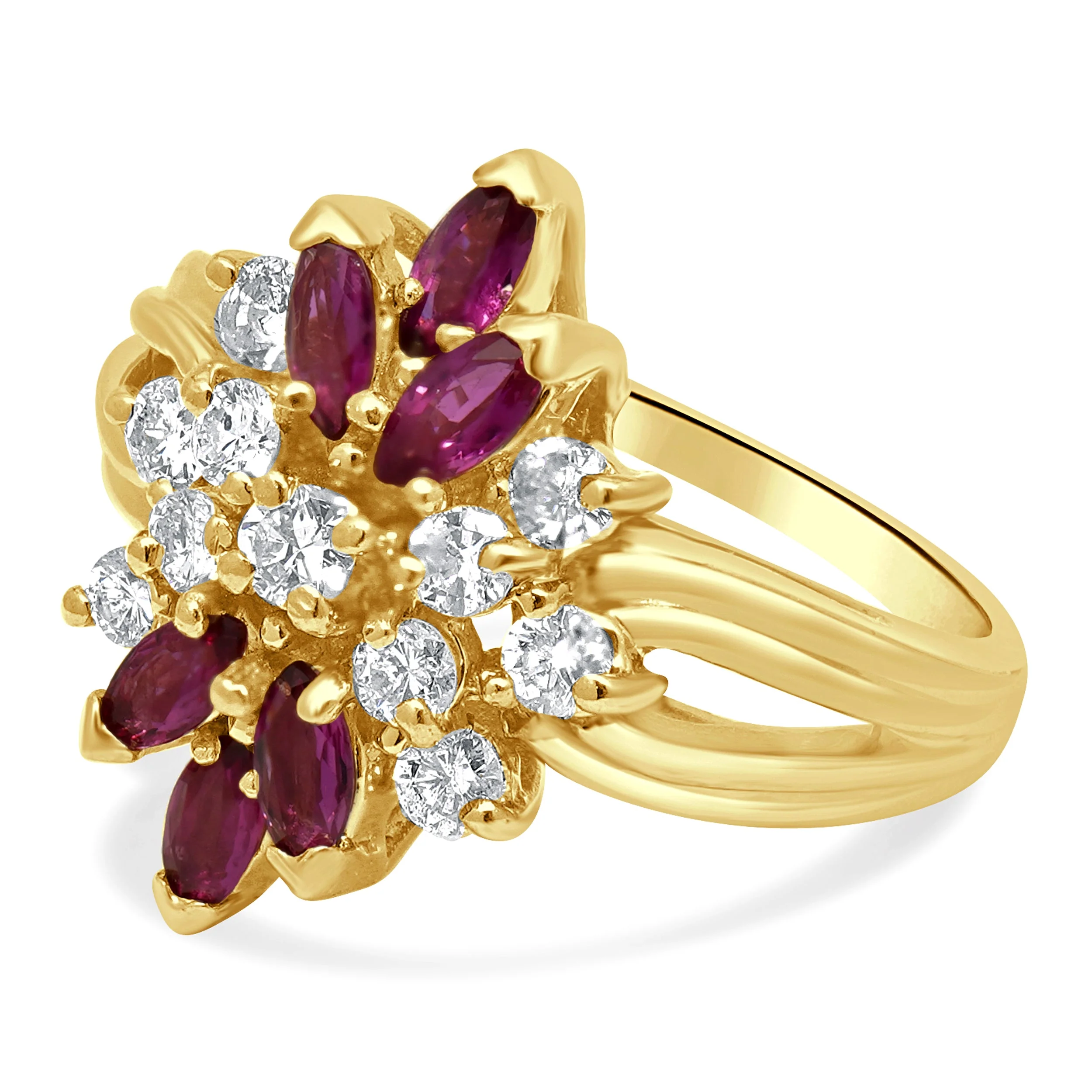 14 Karat Yellow Gold Marquise Ruby and Round Diamond Cluster Ring - Image 2
