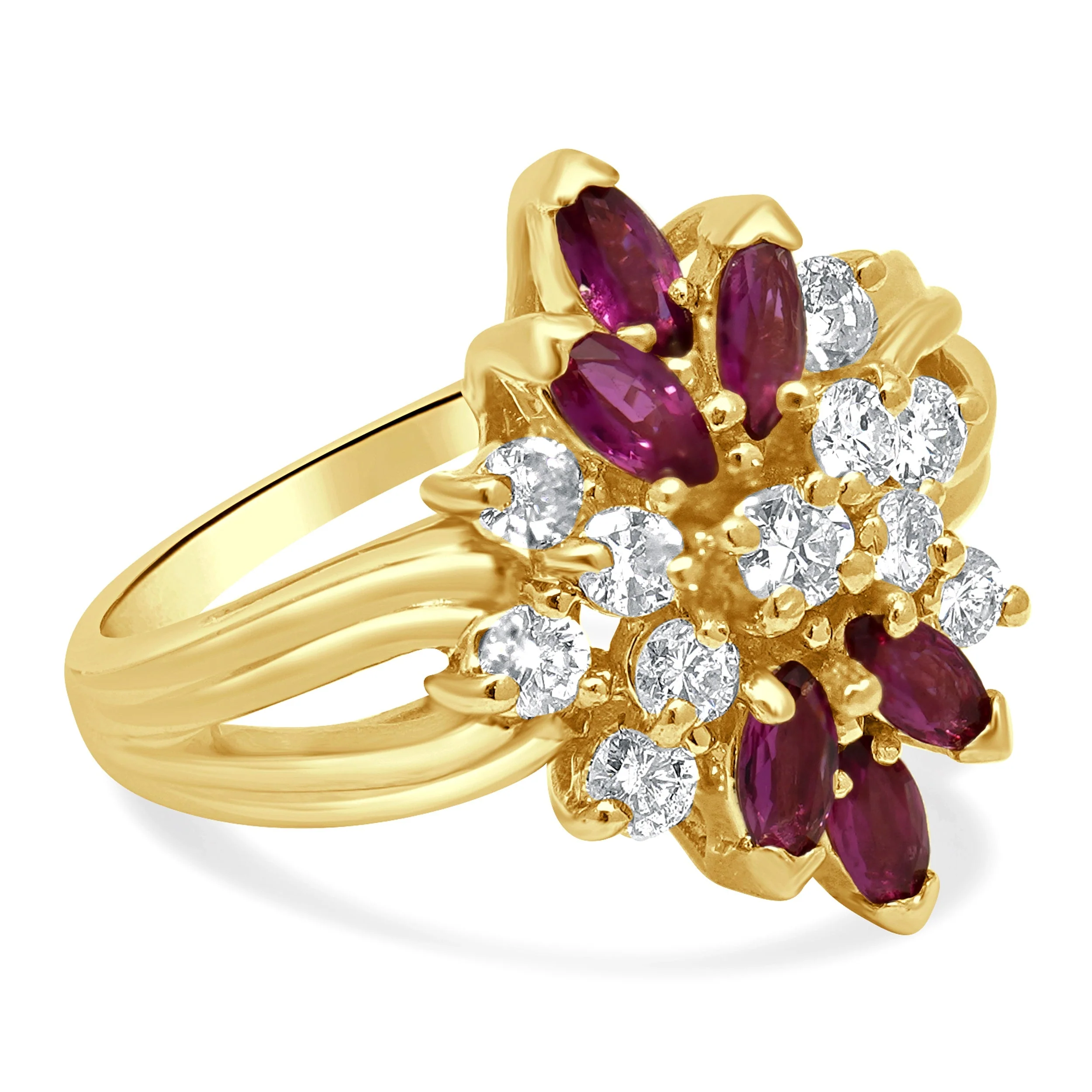 14 Karat Yellow Gold Marquise Ruby and Round Diamond Cluster Ring - Image 3