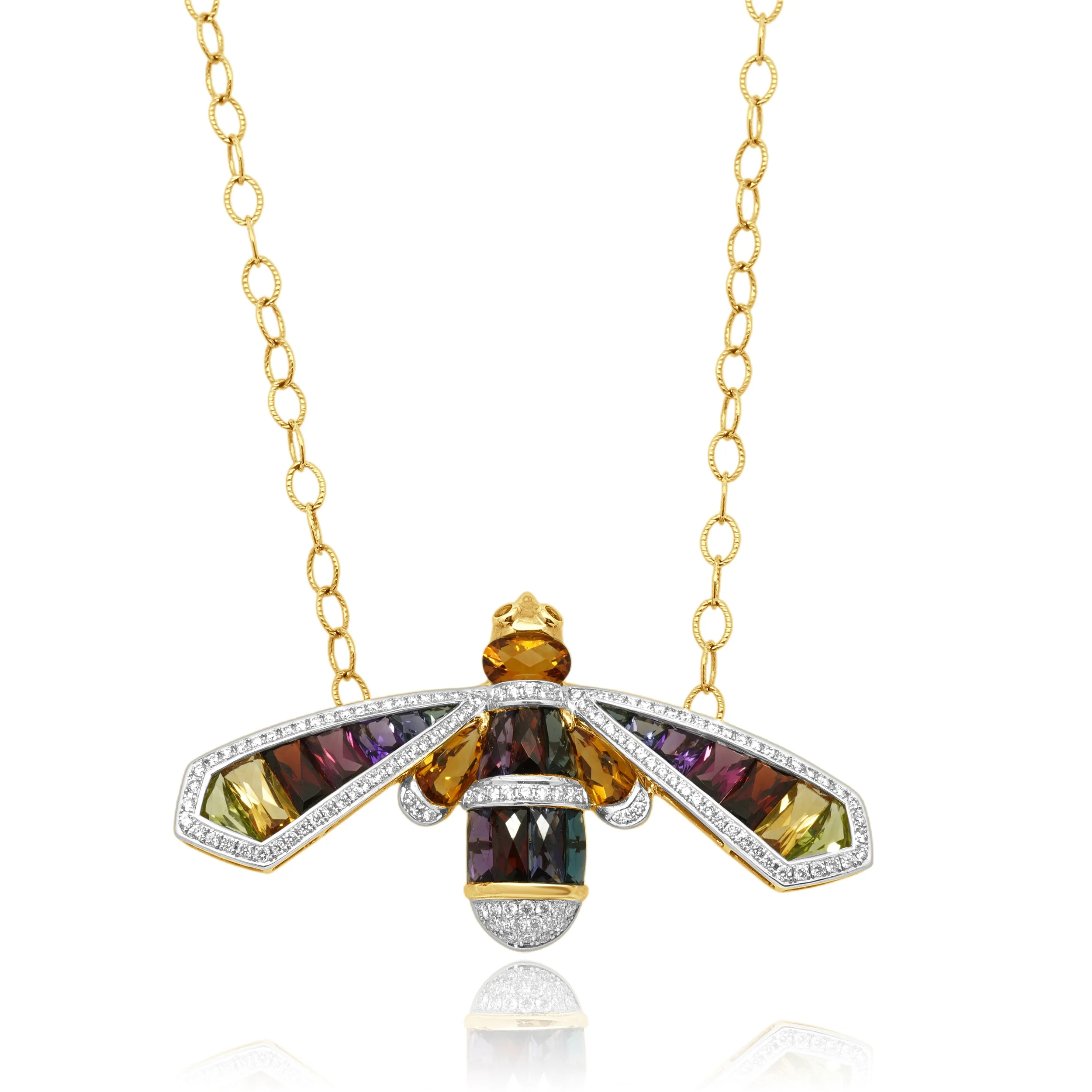 14 Karat Yellow Gold Multi Color Gemstone and Round Diamond Bee Necklace 17.0"