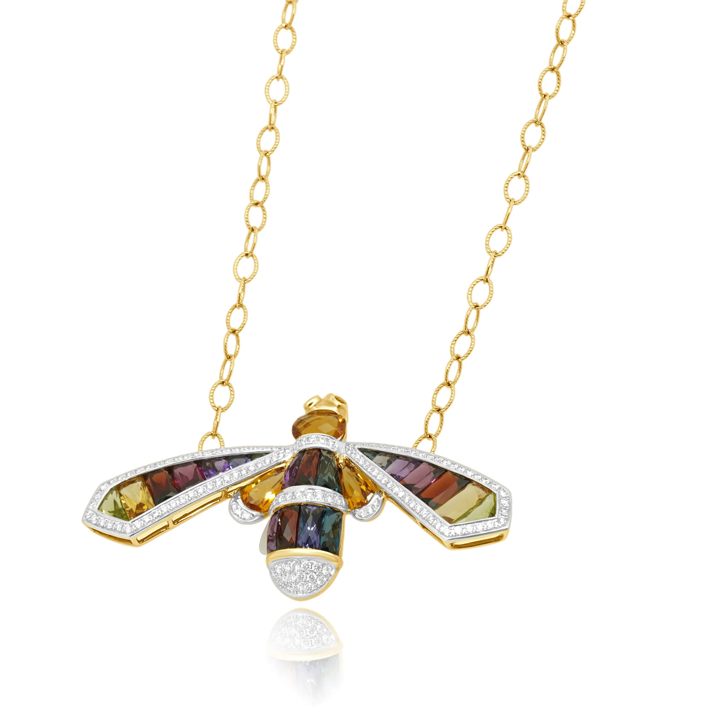 14 Karat Yellow Gold Multi Color Gemstone and Round Diamond Bee Necklace 17.0" - Image 2