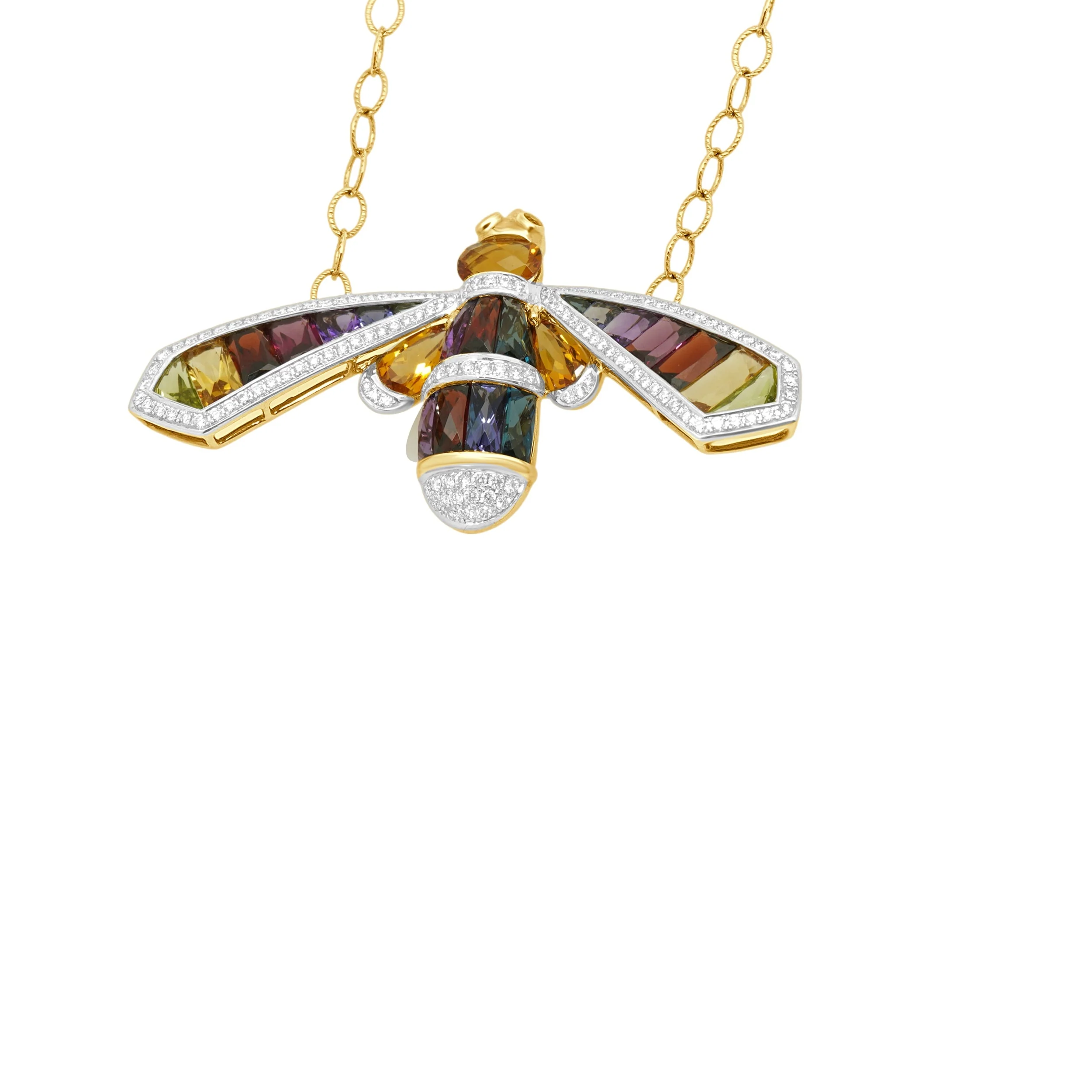14 Karat Yellow Gold Multi Color Gemstone and Round Diamond Bee Necklace 17.0" - Image 3