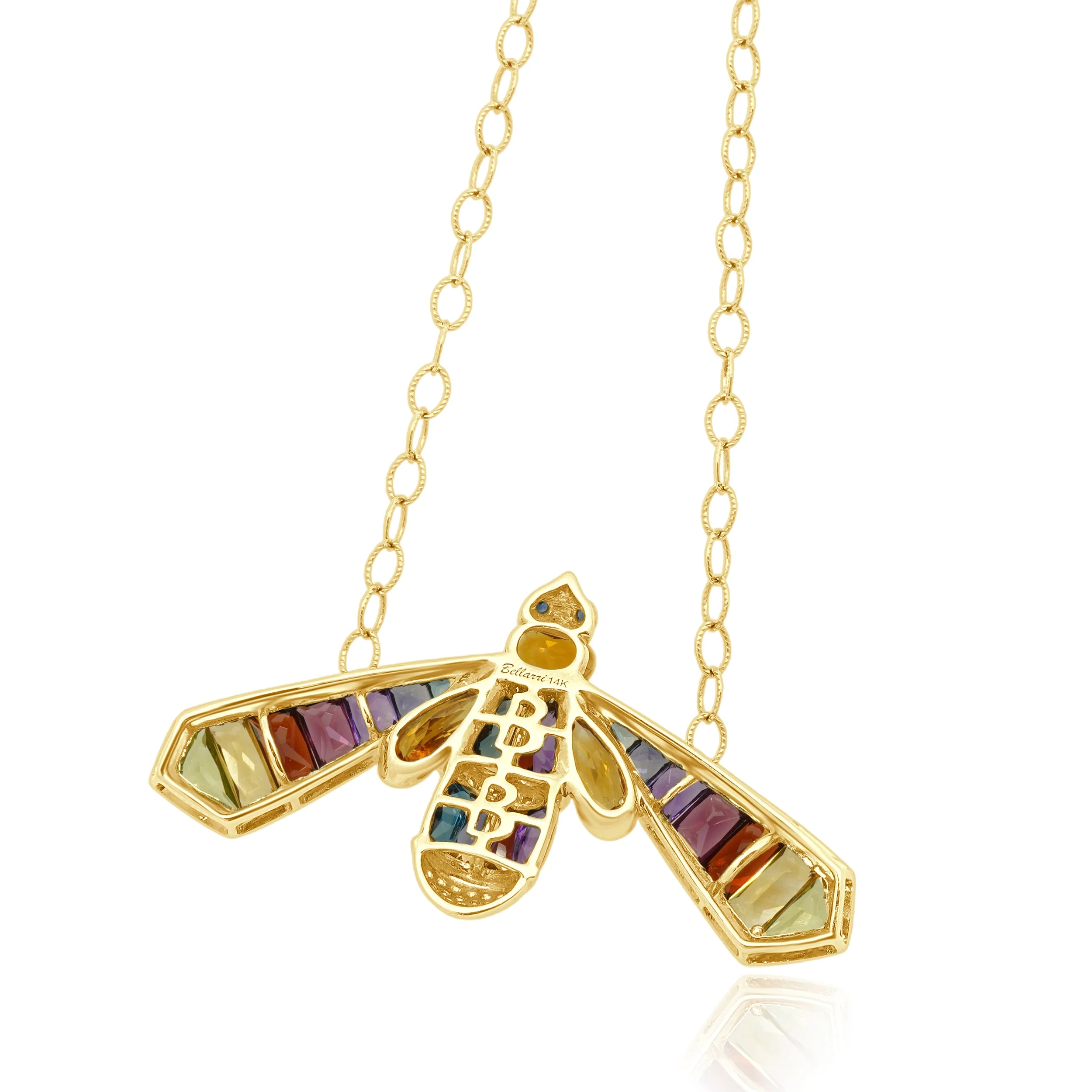 14 Karat Yellow Gold Multi Color Gemstone and Round Diamond Bee Necklace 17.0" - Image 4