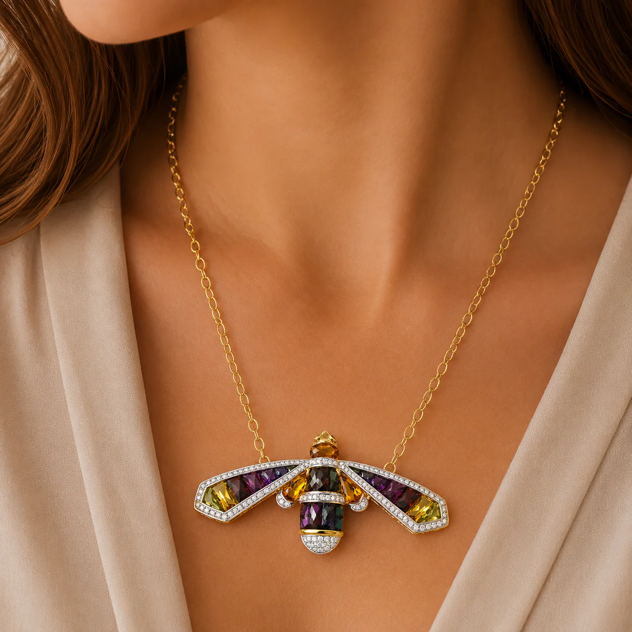 14 Karat Yellow Gold Multi Color Gemstone and Round Diamond Bee Necklace 17.0" - Image 5