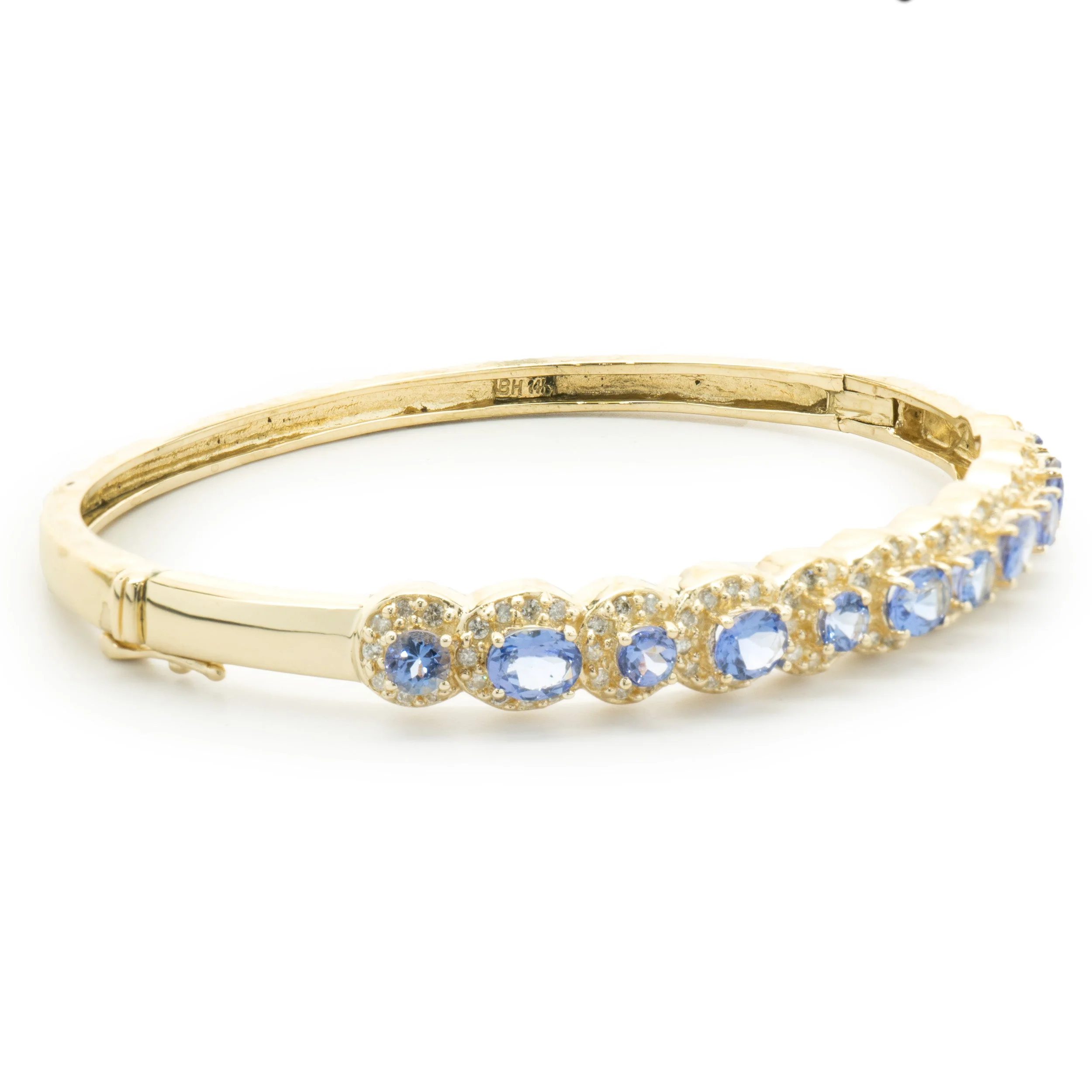 14 Karat Yellow Gold Multi Shape Tanzanite and Diamond Bangle Bracelet - Image 2
