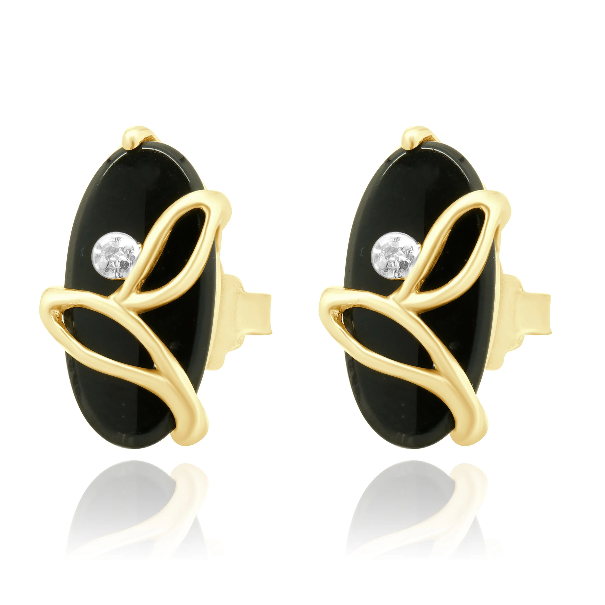 14 Karat Yellow Gold Oval Onyx and Round Diamond Stud Earrings