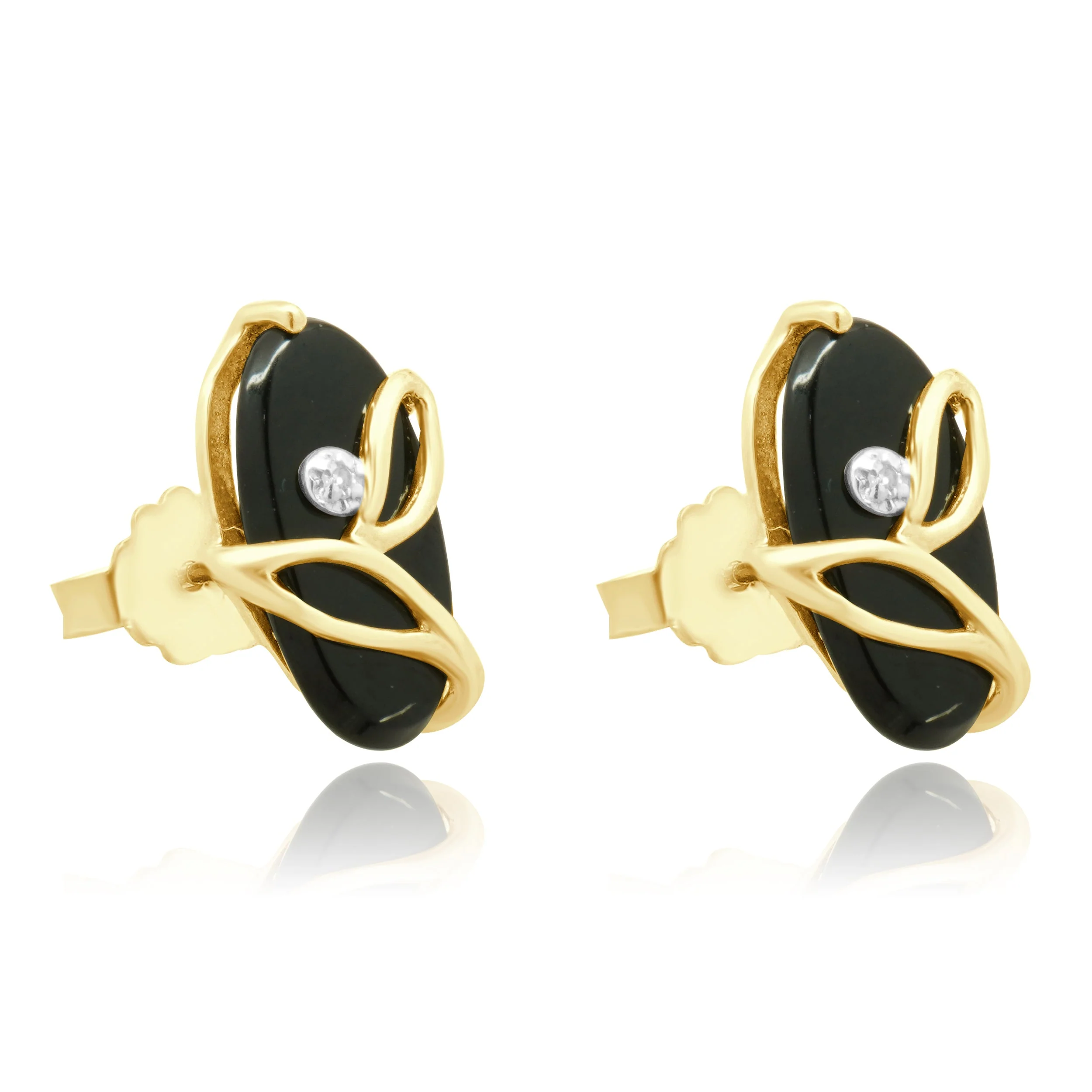 14 Karat Yellow Gold Oval Onyx and Round Diamond Stud Earrings - Image 2