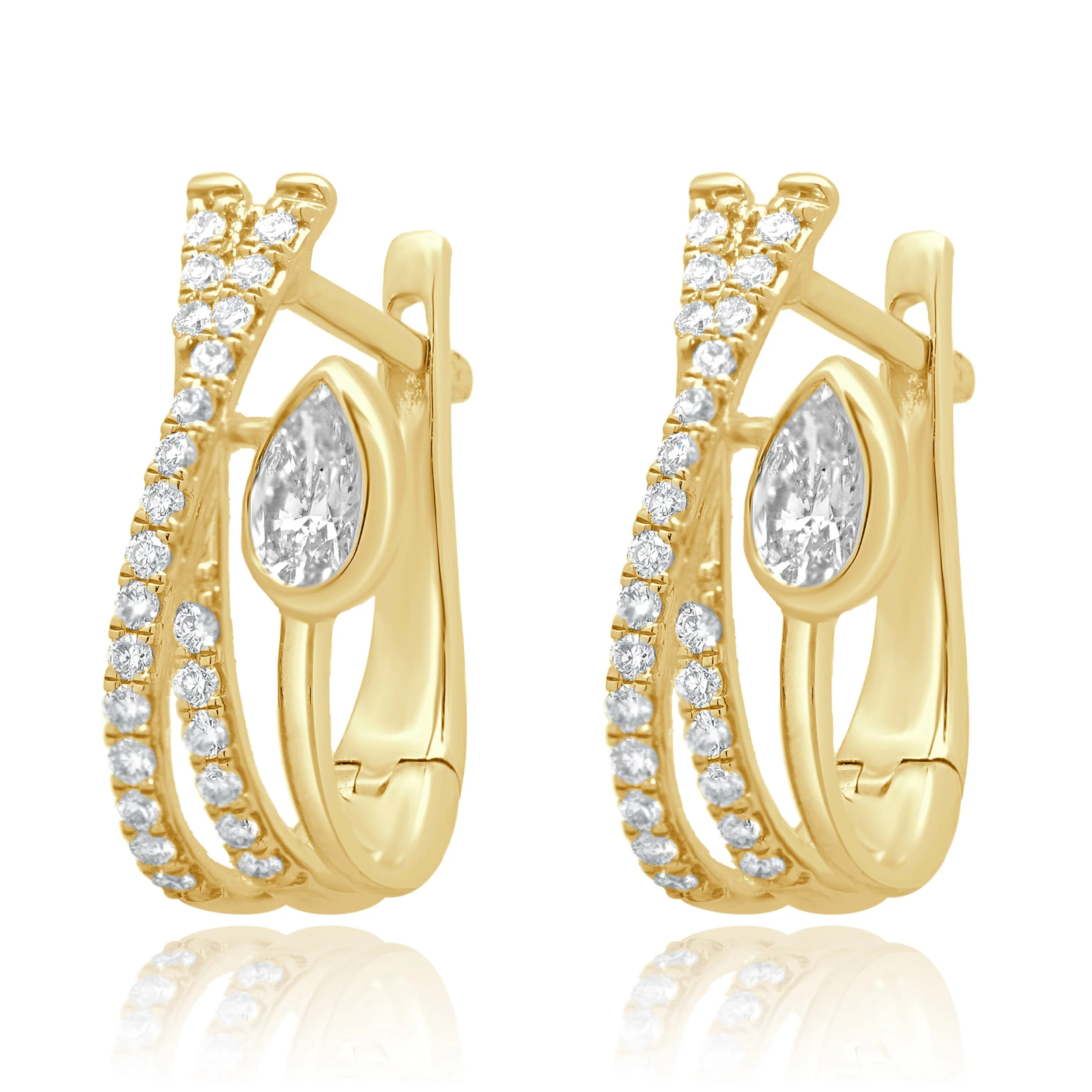 14 Karat Yellow Gold Pear Cut and Round Diamond Crossover Double Hoop Earrings